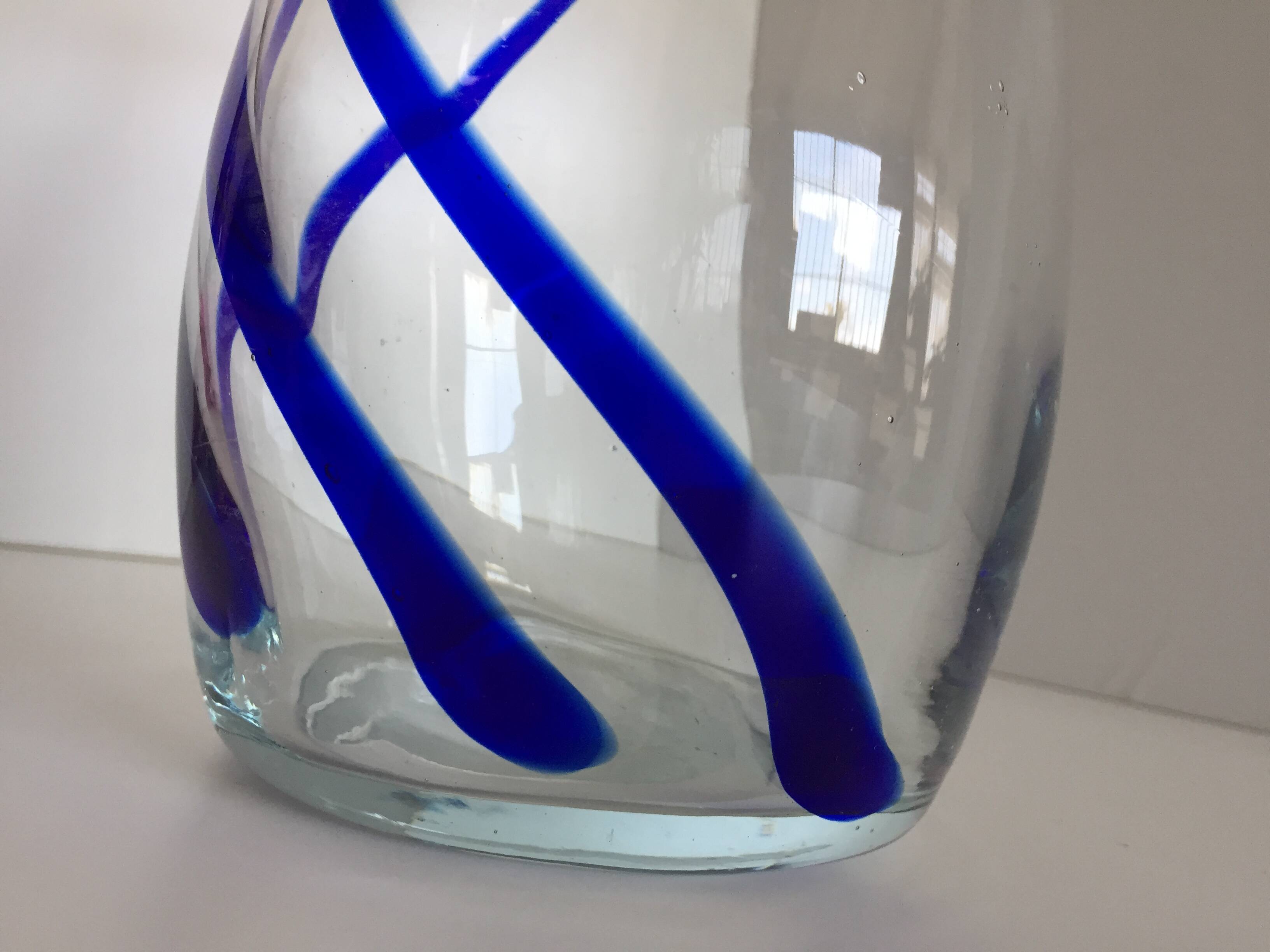Thick glass vase modernist design cobalt edging murano style
