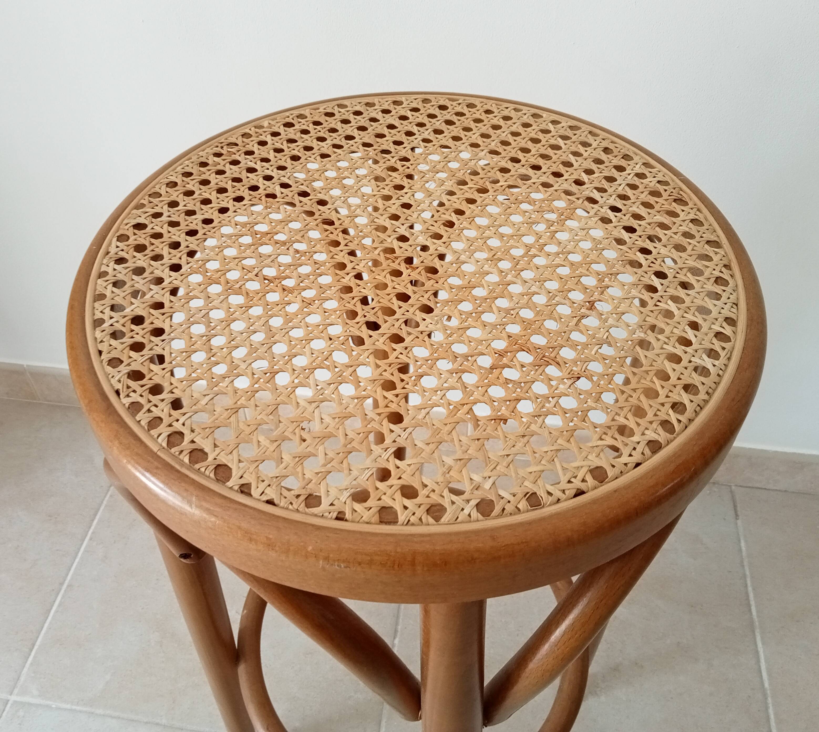 Vintage curved wooden high stool and tanned seat