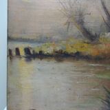 Large painting farm on pond old 19th century signature oil on linen canvas