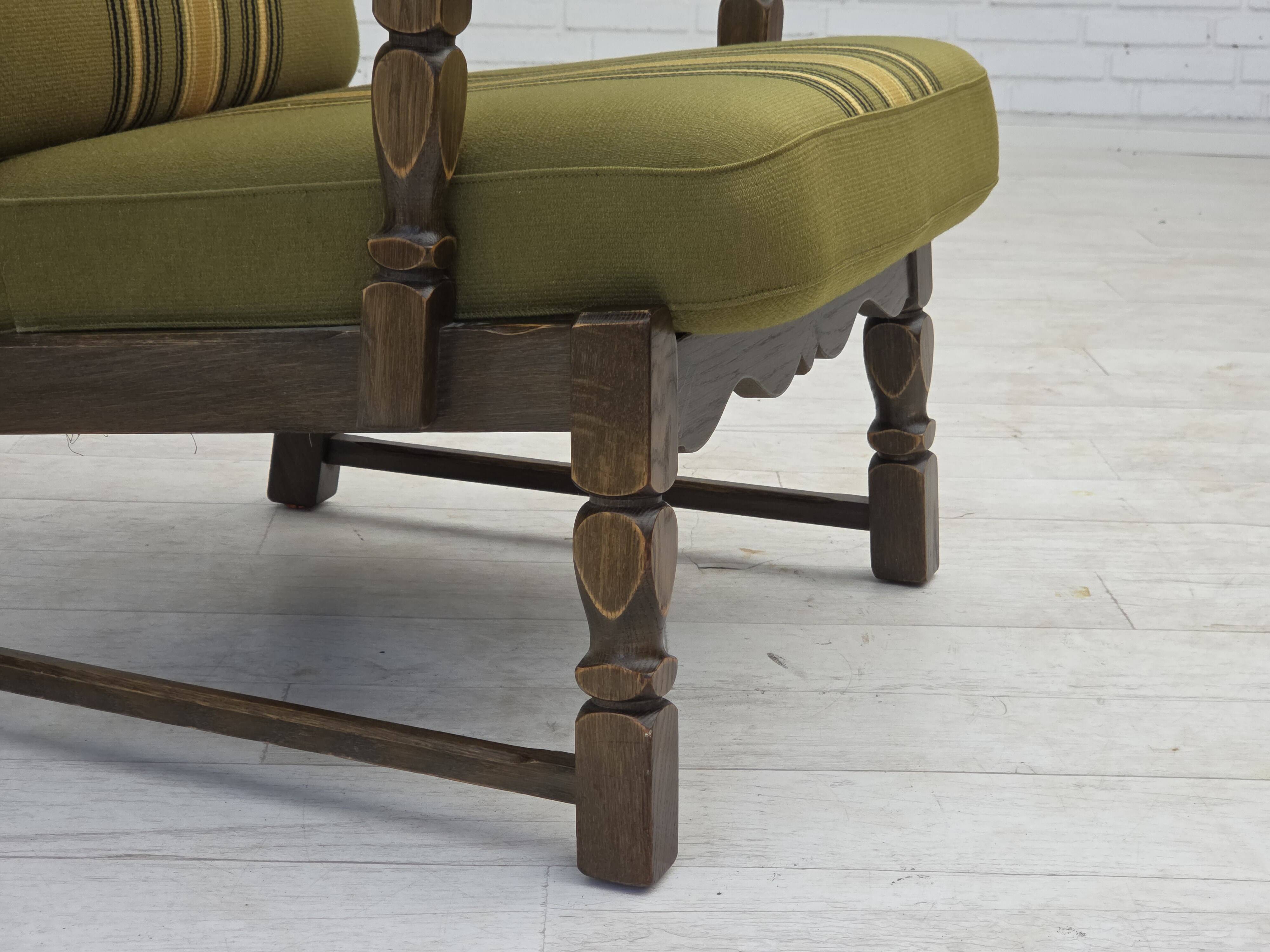 1970s, pair of Danish armchairs, original green furniture wool, oak wood.