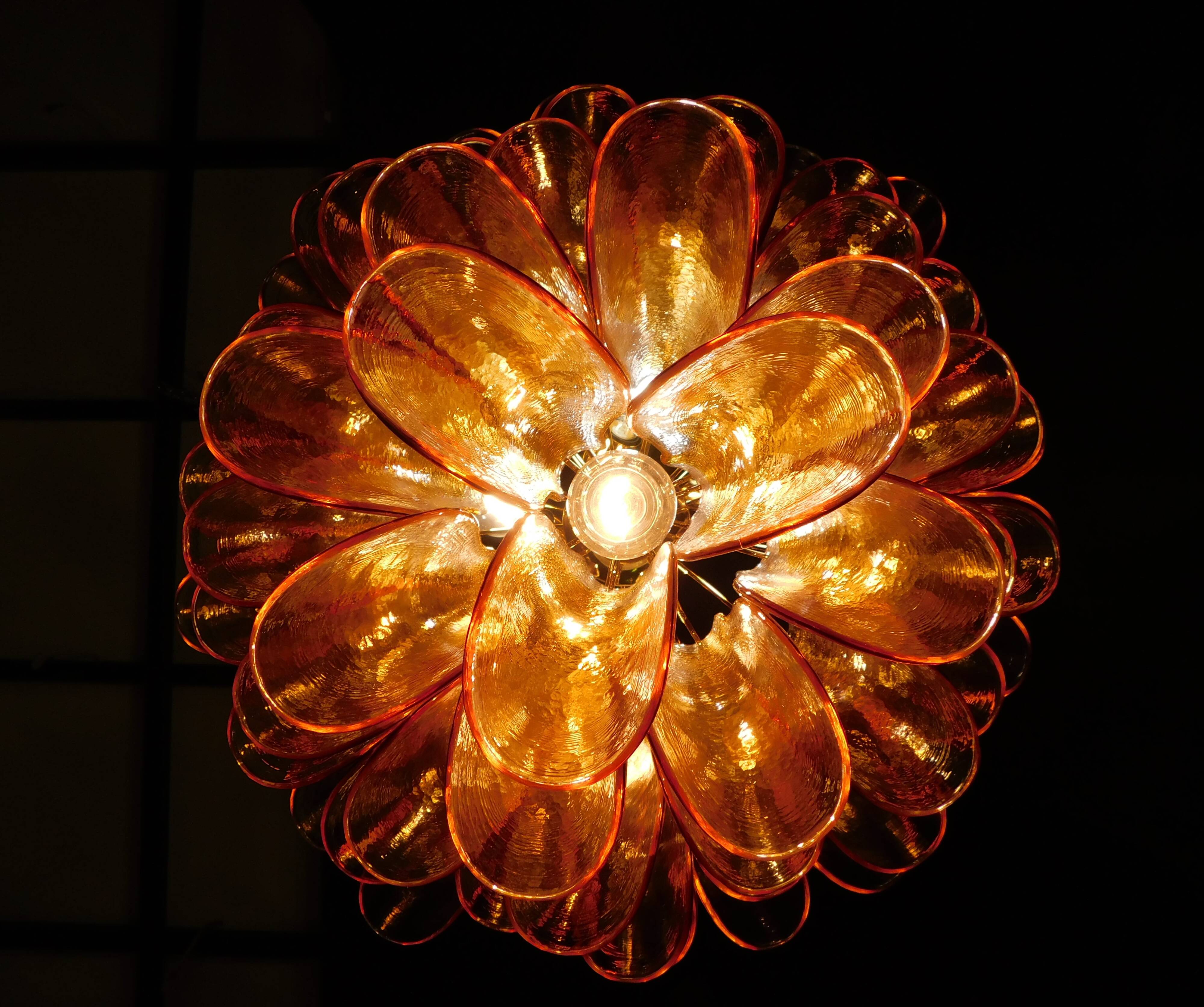 Vintage Murano chandelier, Murrina style, with amber glass petals.