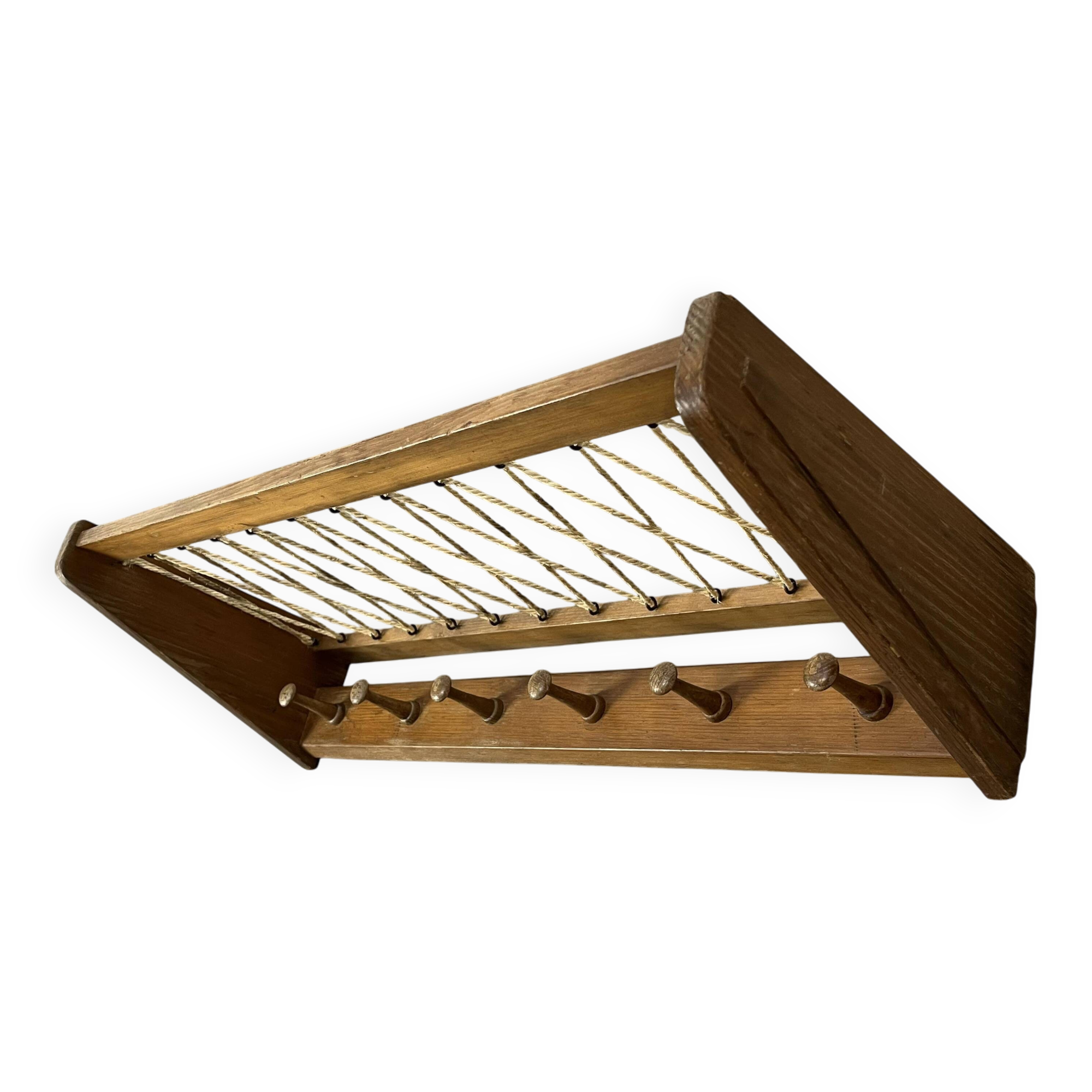 Vintage wooden wall coat rack with 6 chalet-style hooks