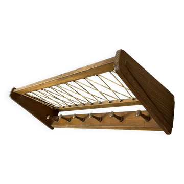 Vintage wooden wall coat rack with 6 hooks, chalet style.