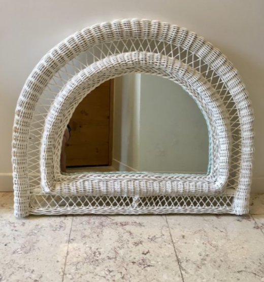 Vintage rattan mirror half moon white