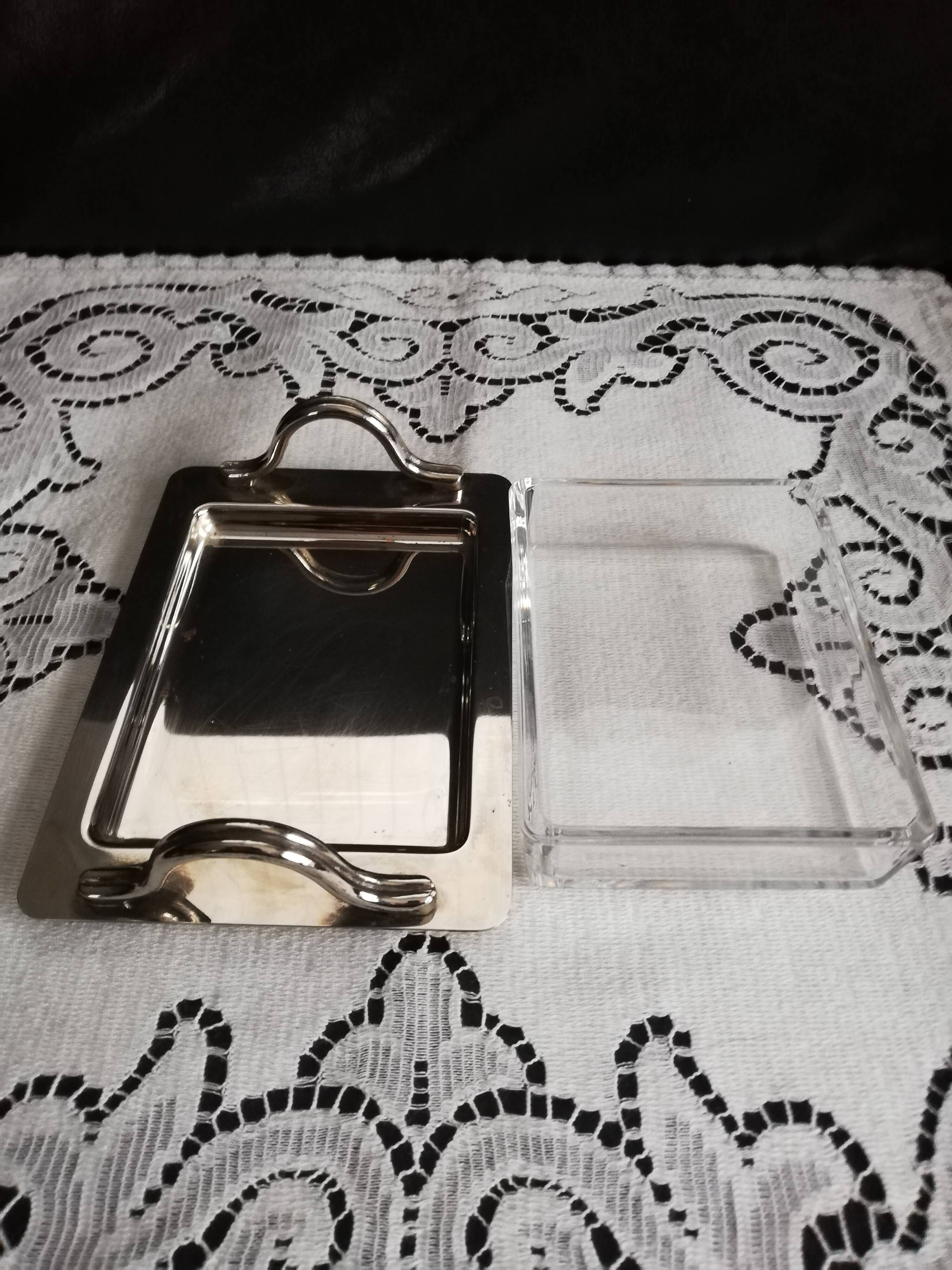Art deco glass and silver metal butter dish