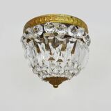 Old crown ceiling light with 2 bulbs, half basket with glass pendants.