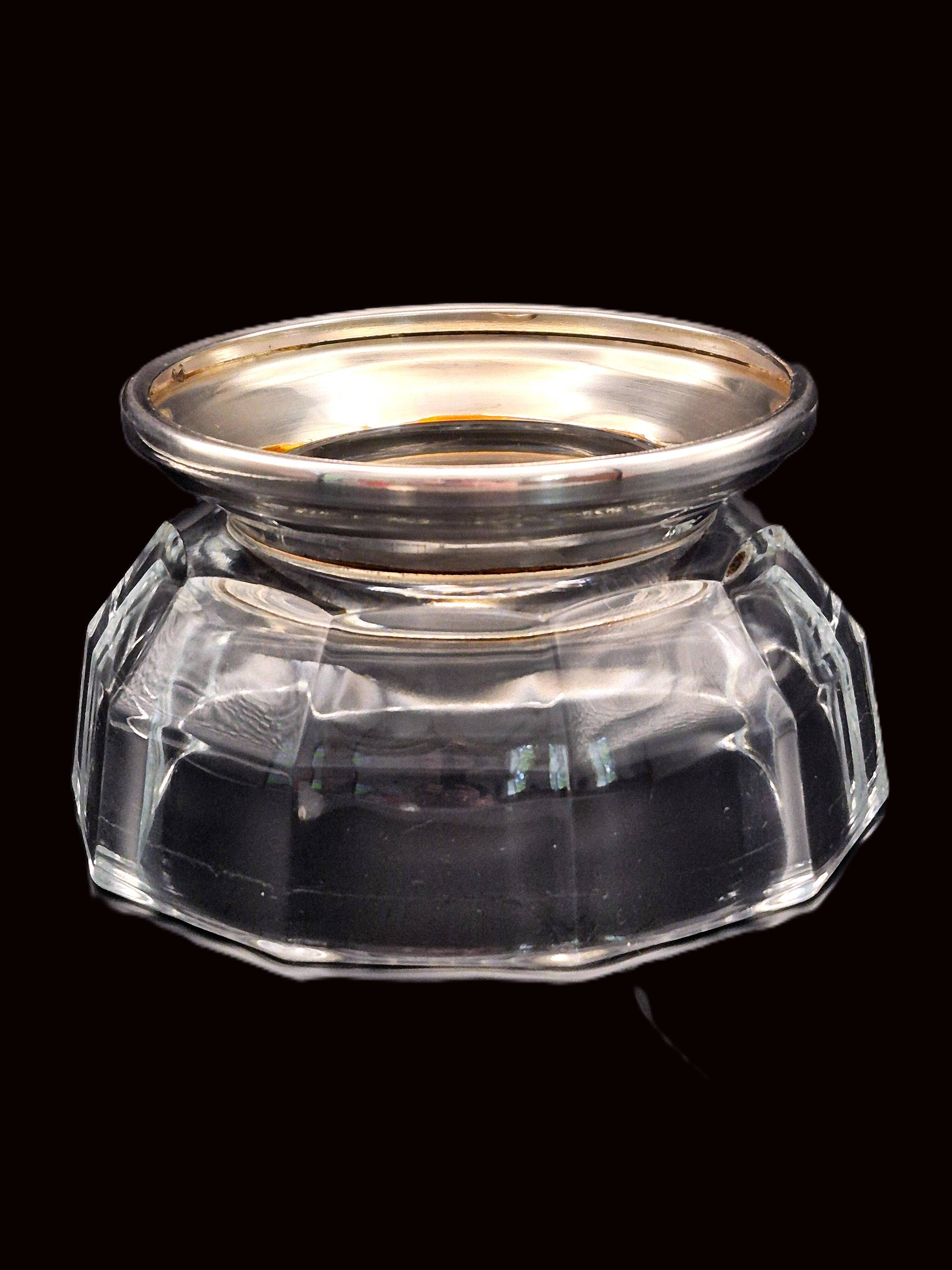 Art Deco thick crystal/glass bowl, silver-plated metal pedestal.