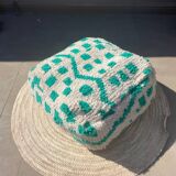 Checkered wool pouf – turquoise and white