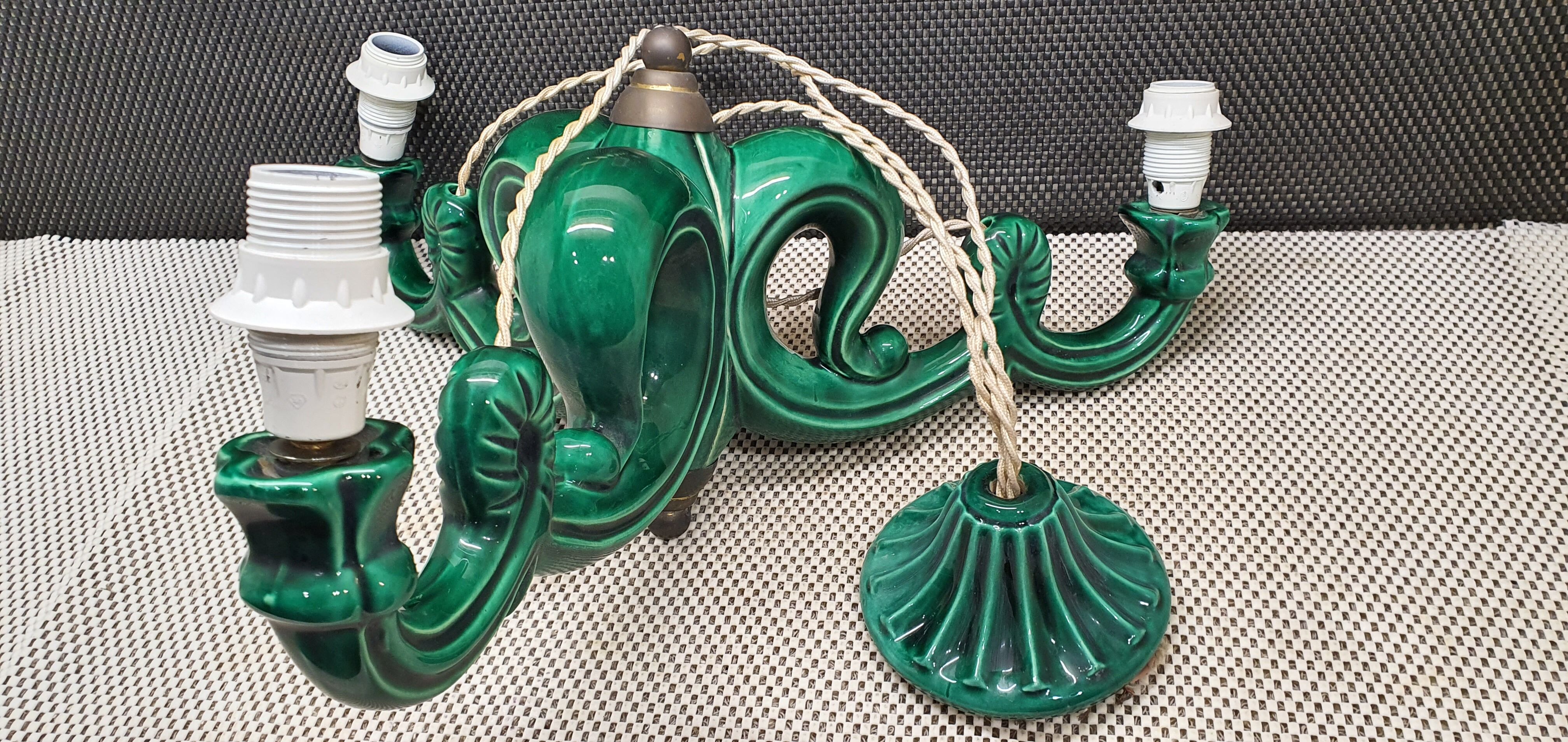Chandelier 3 arms ceramic green art deco