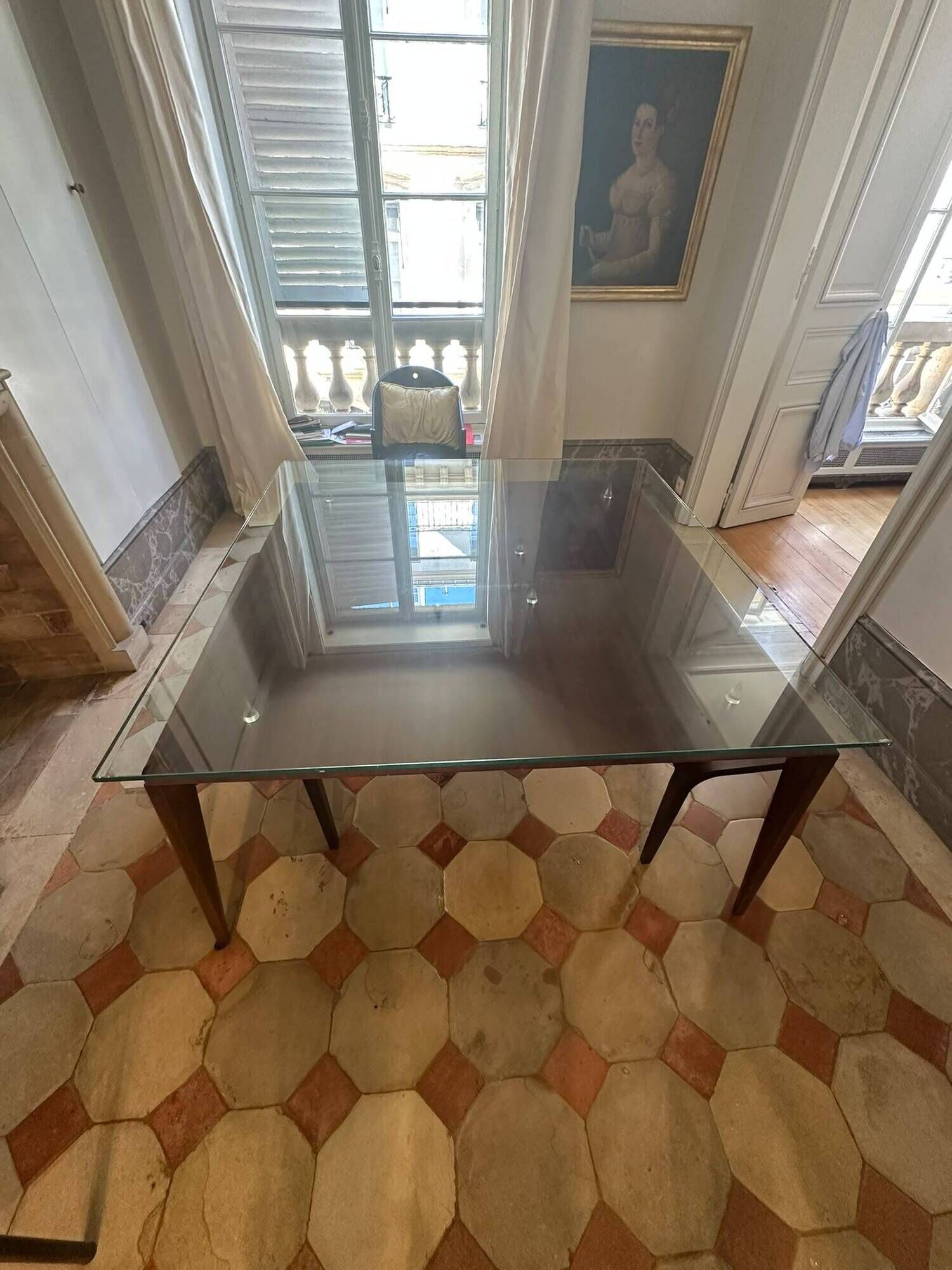 Dining table glass and wood. Italian vintage from the 80s.