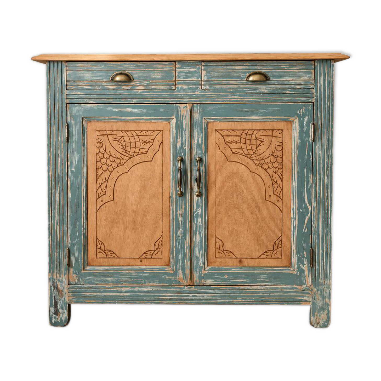 Antique blue-green patinated wooden sideboard – 2 doors, 2 drawers