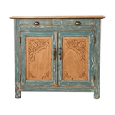 Antique blue-green patinated wooden sideboard – 2 doors, 2 drawers