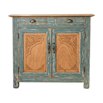 Antique blue-green patinated wooden sideboard – 2 doors, 2 drawers