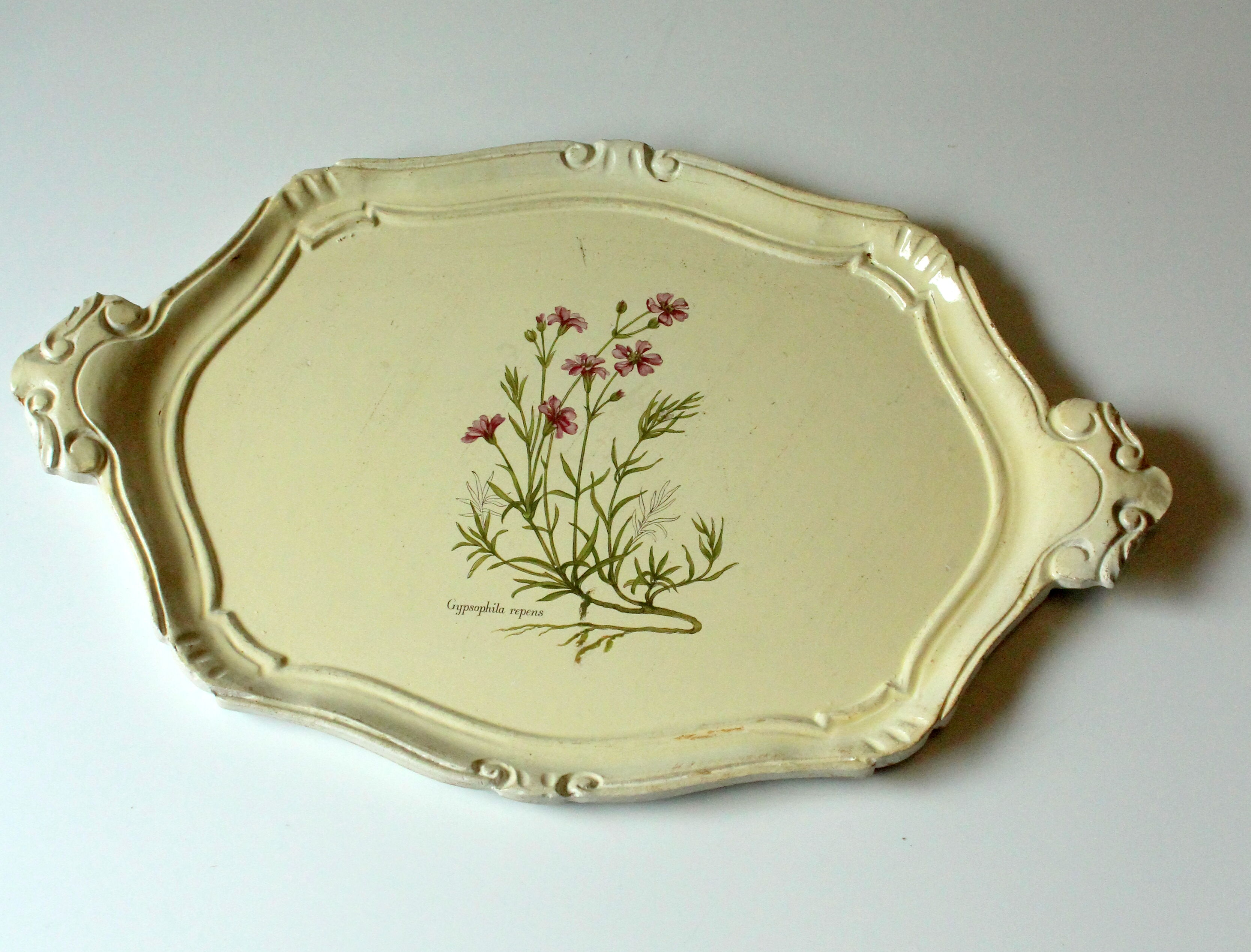 Florentine tray in white with floral decor, vintage
