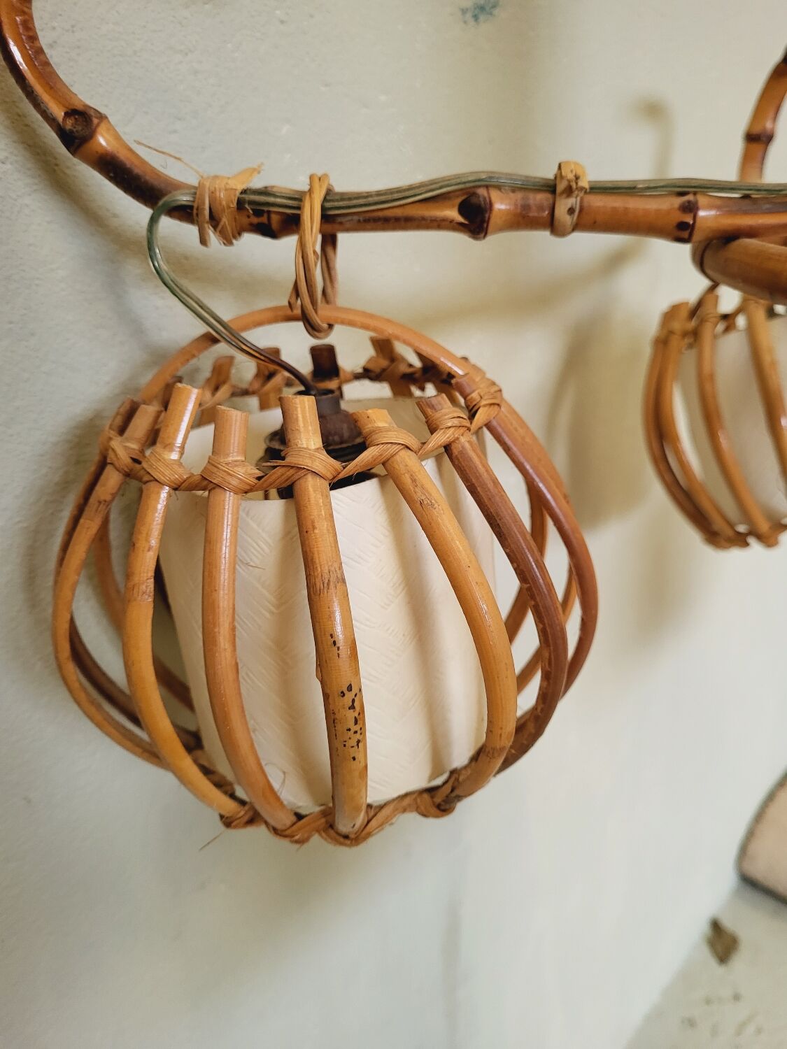 Vintage rattan chandelier 60s 4 branches