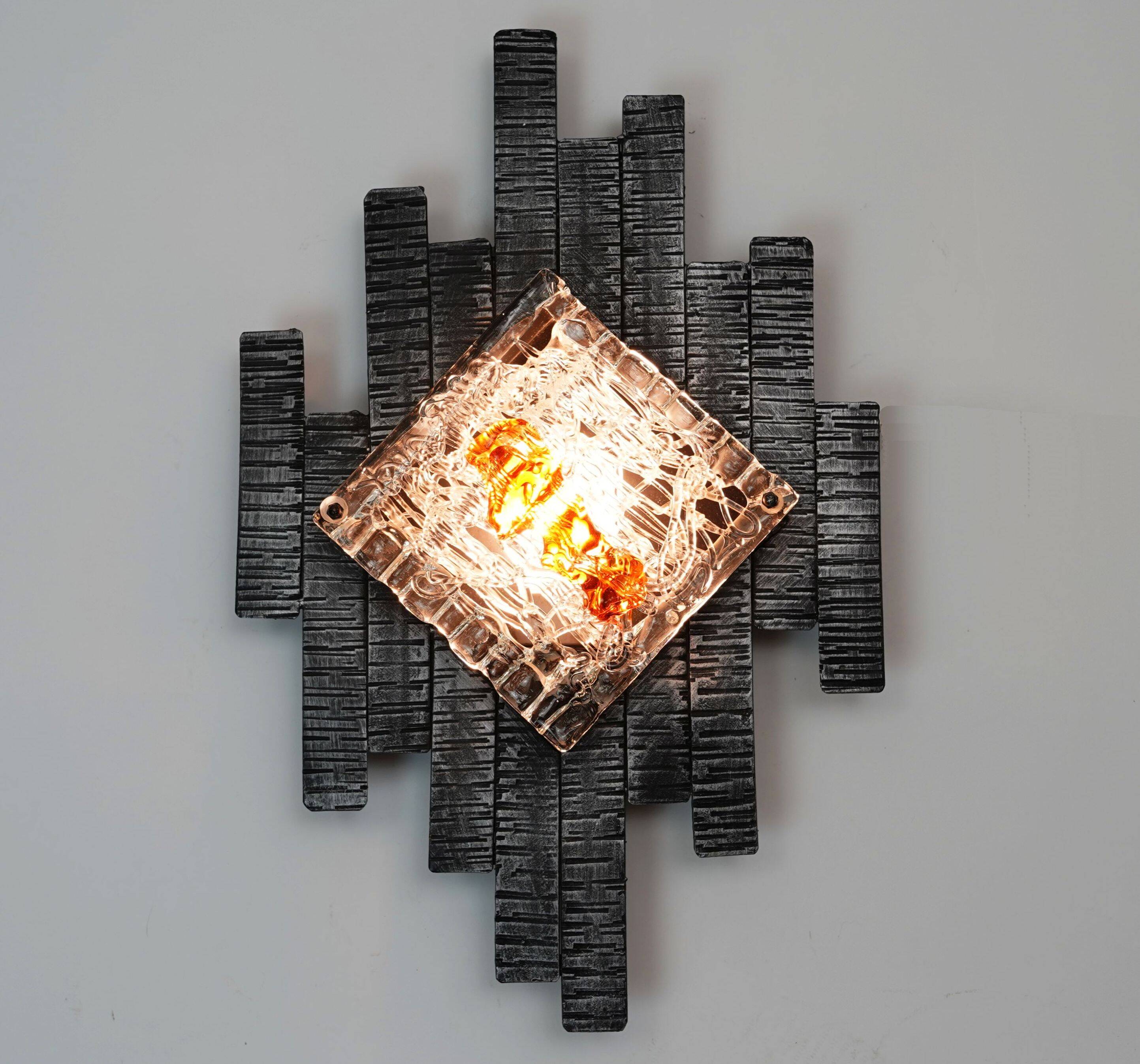 mid century brutalist style wrought iron and glass WALL LAMP sconce 060/70s