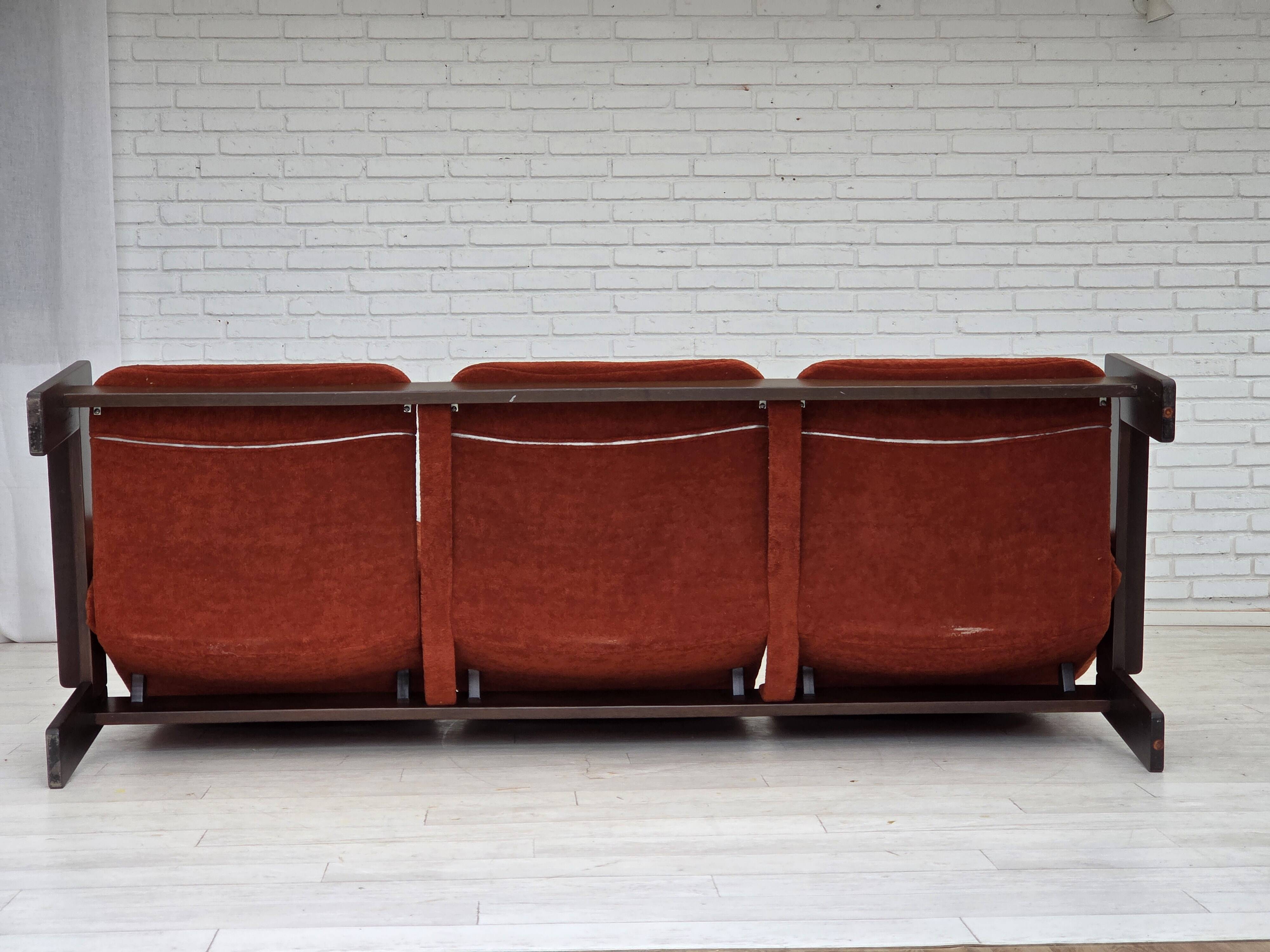 1970s, 3-seater Danish sofa, orange/red furniture velour, oak wood.