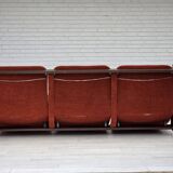 1970s, 3-seater Danish sofa, orange/red furniture velour, oak wood.