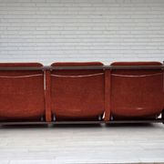 1970s, 3-seater Danish sofa, orange/red furniture velour, oak wood.