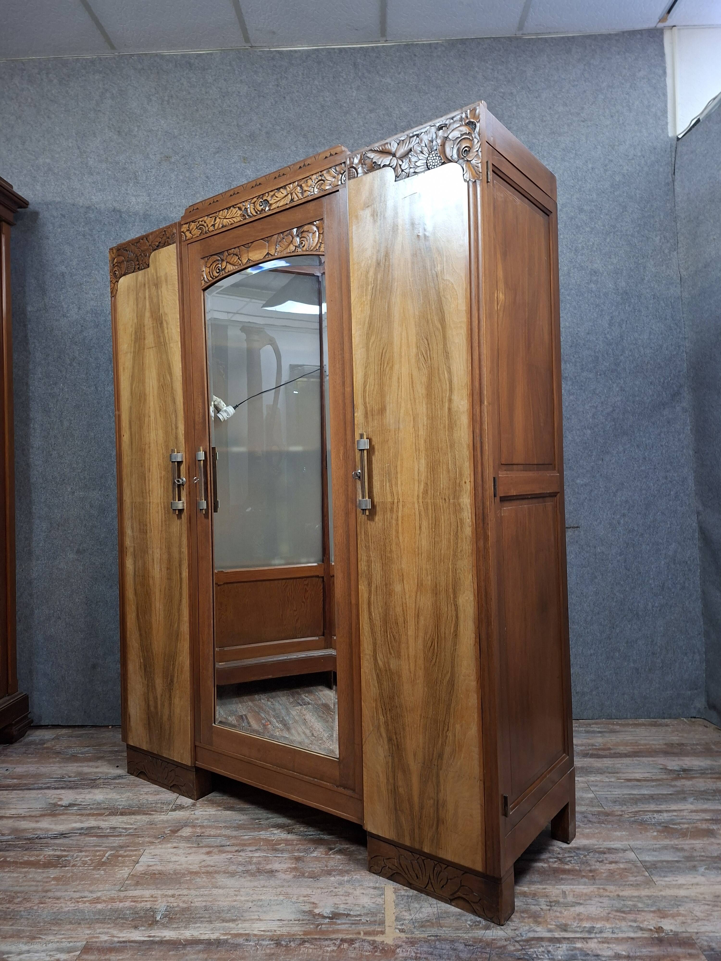 three-door wardrobe in fruitwood veneer, Art Deco style
