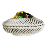 Covered basket in woven ceramic and fruit slip.