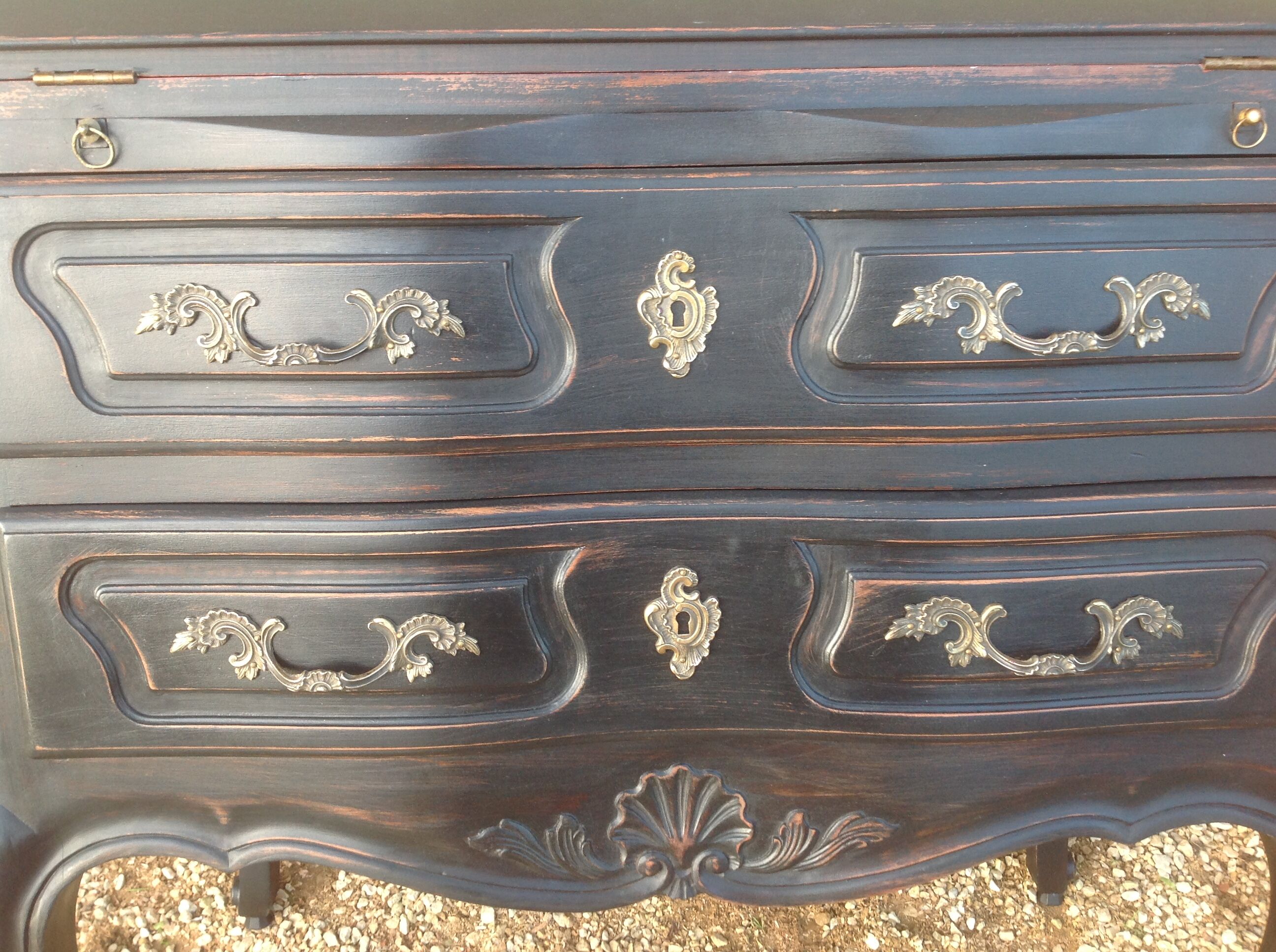 Louis XV style scriban bookcase in black and Basque red patinated cherry wood