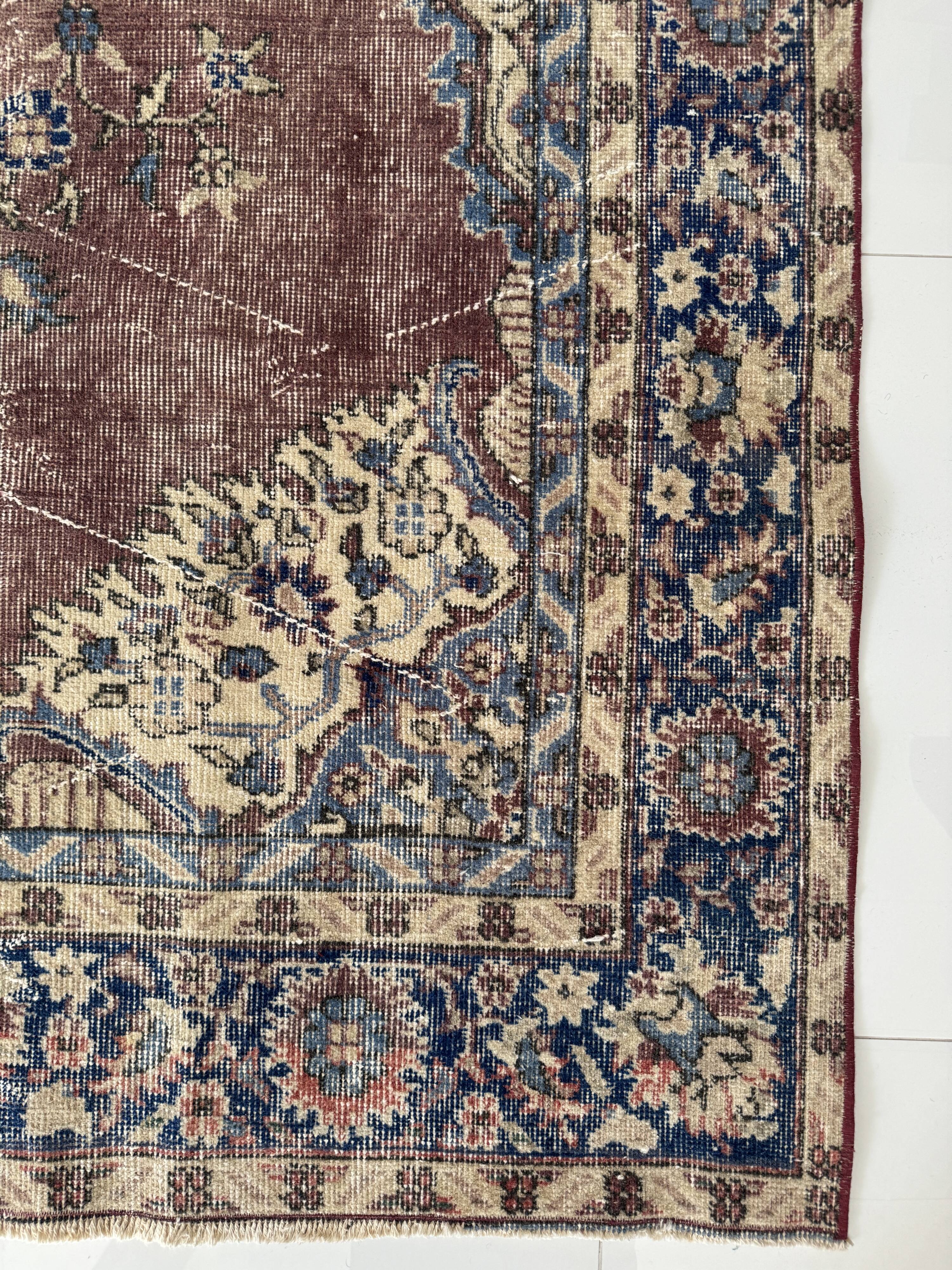 Tapis oriental vintage 205x300 cm, laine nouée à la main, tons rouge bleu beige, tapis turc