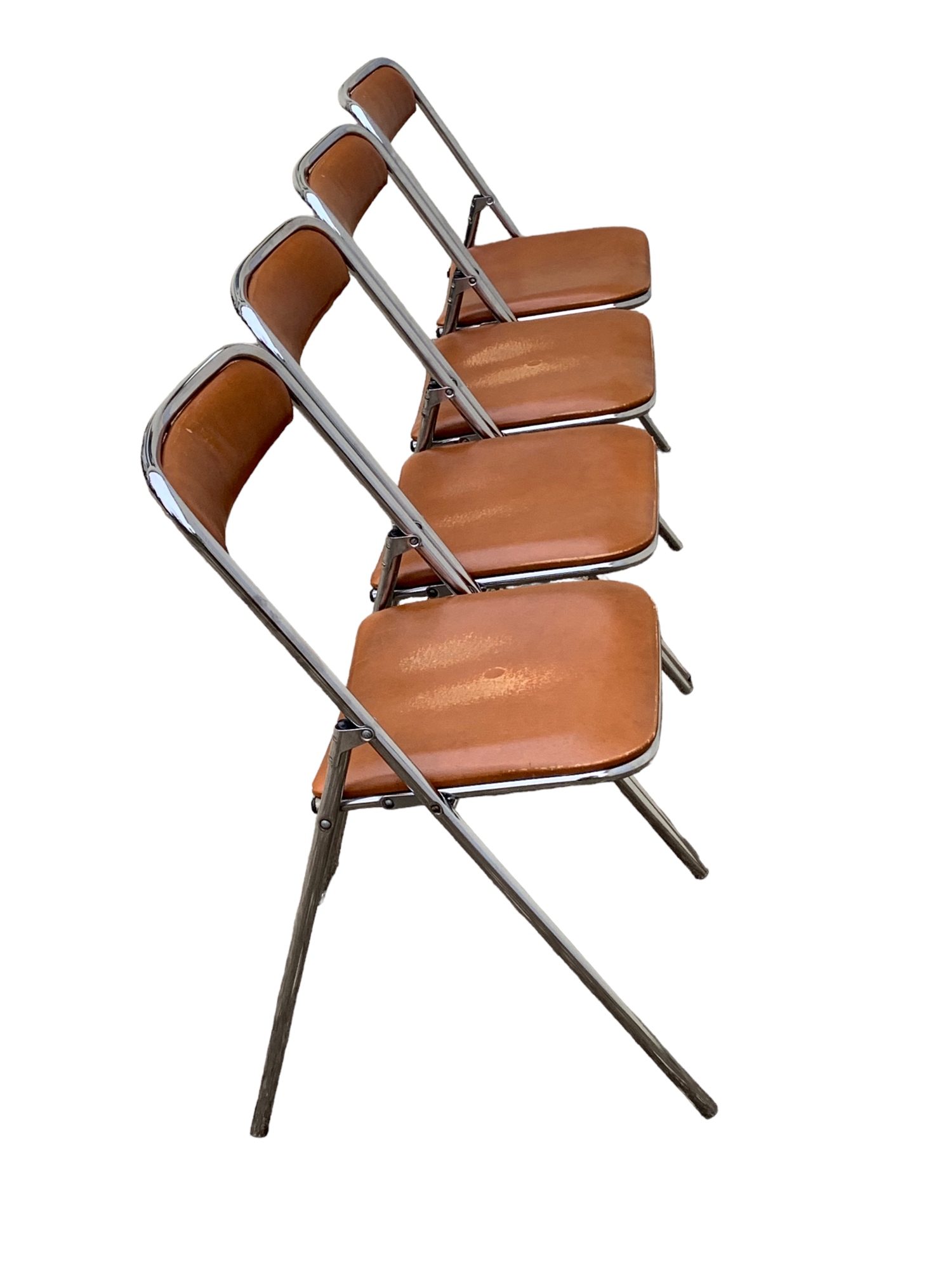 4 folding chairs chromed metal and Skaï fawn 1970
