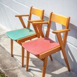 Pair of wooden and skai chairs from the 50s, vintage chairs, chair with armrests, retro