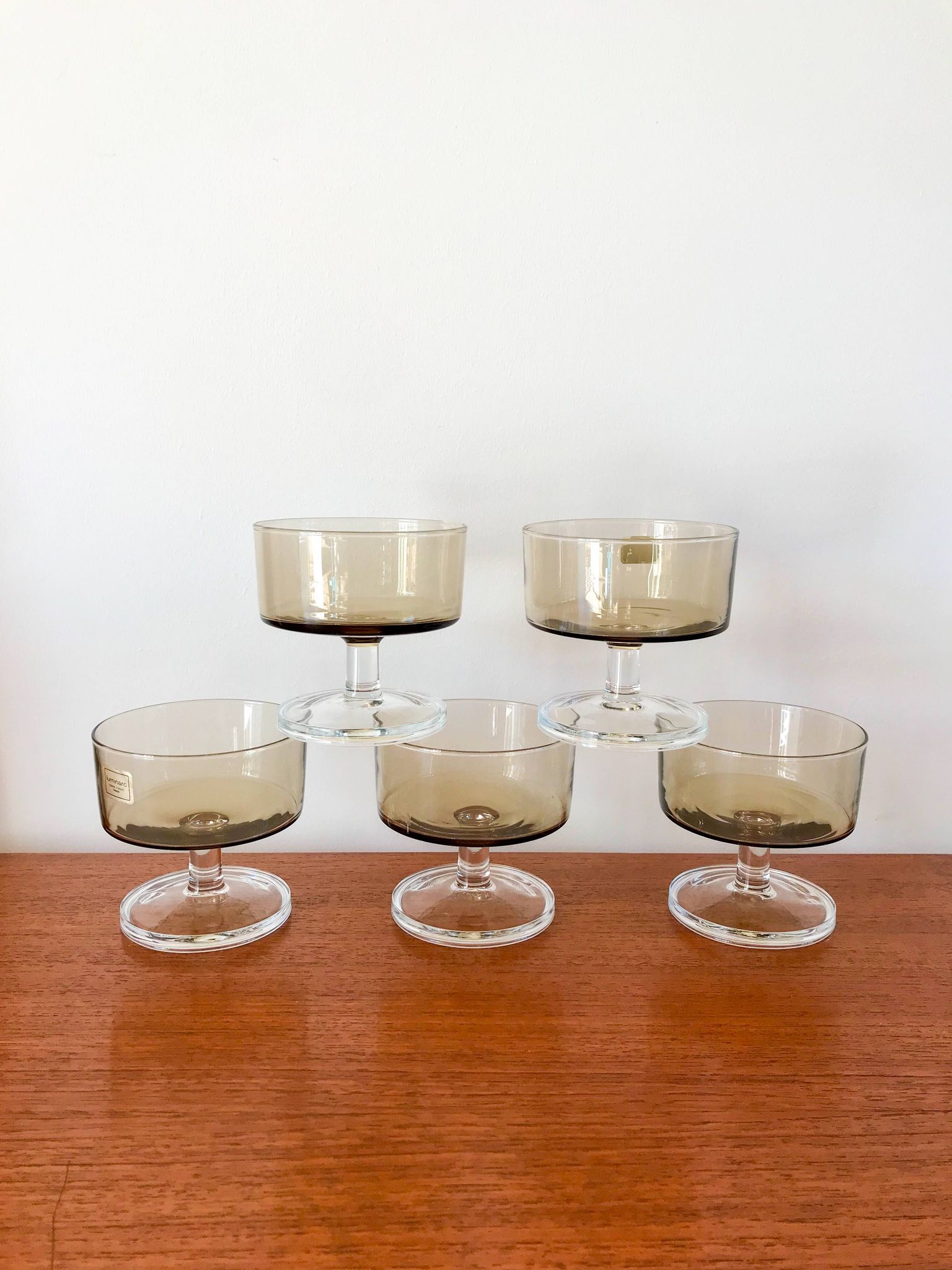 Set of 5 70s luminarc smoked glass champagne glasses