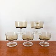 Set of 5 70s luminarc smoked glass champagne glasses