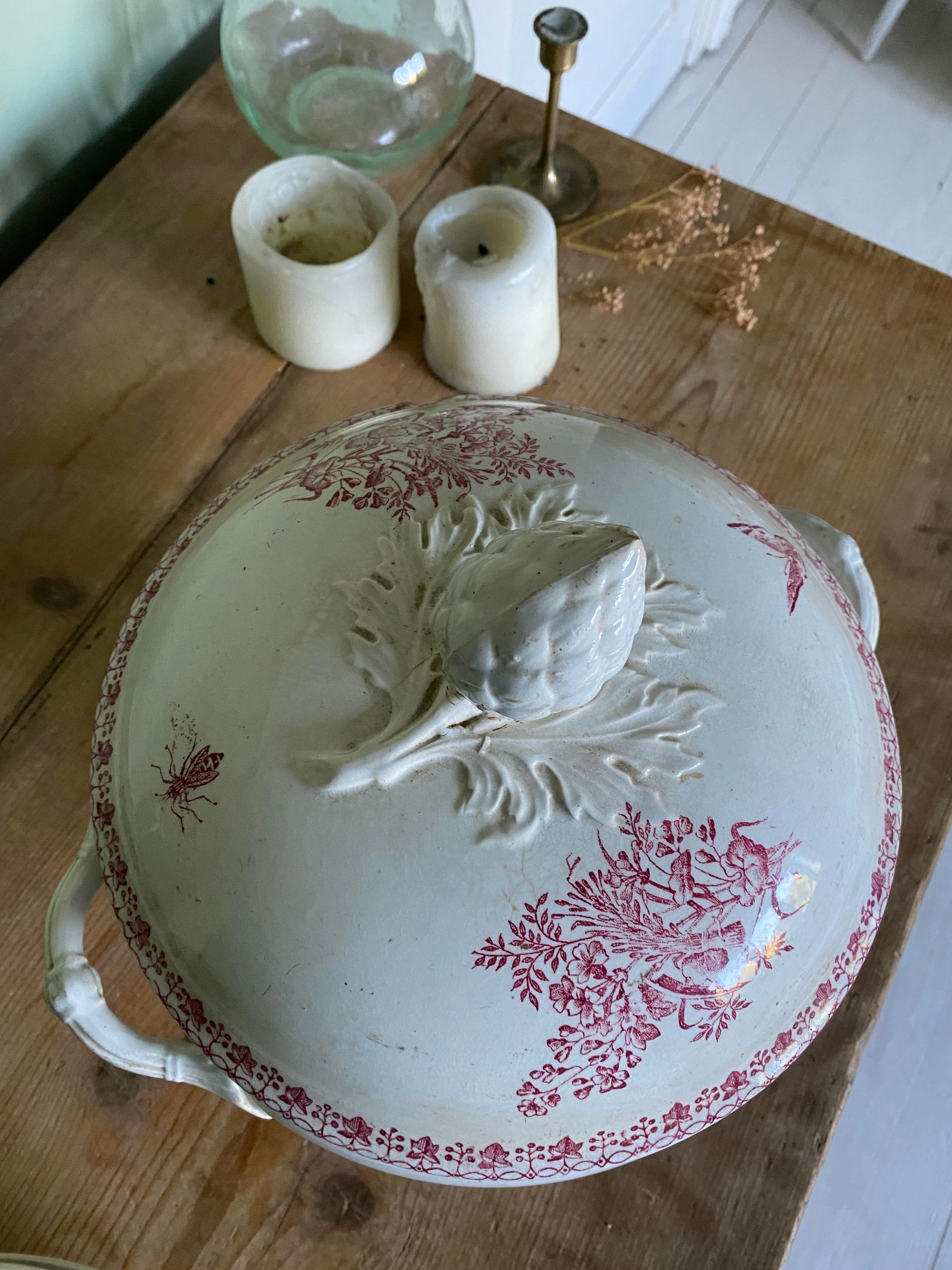 Pink ironstone soup tureen with rustic motif, floral butterflies and bees