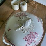 Pink ironstone soup tureen with rustic motif, floral butterflies and bees