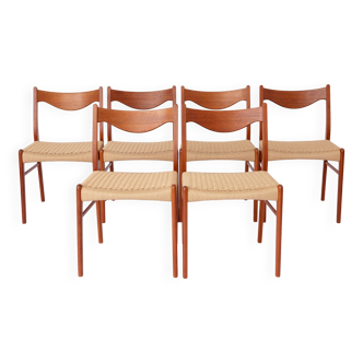 6 Arne Wahl Iversen Mid century teak dining chairs with papercord seats, Glyngøre Stolefabrik
