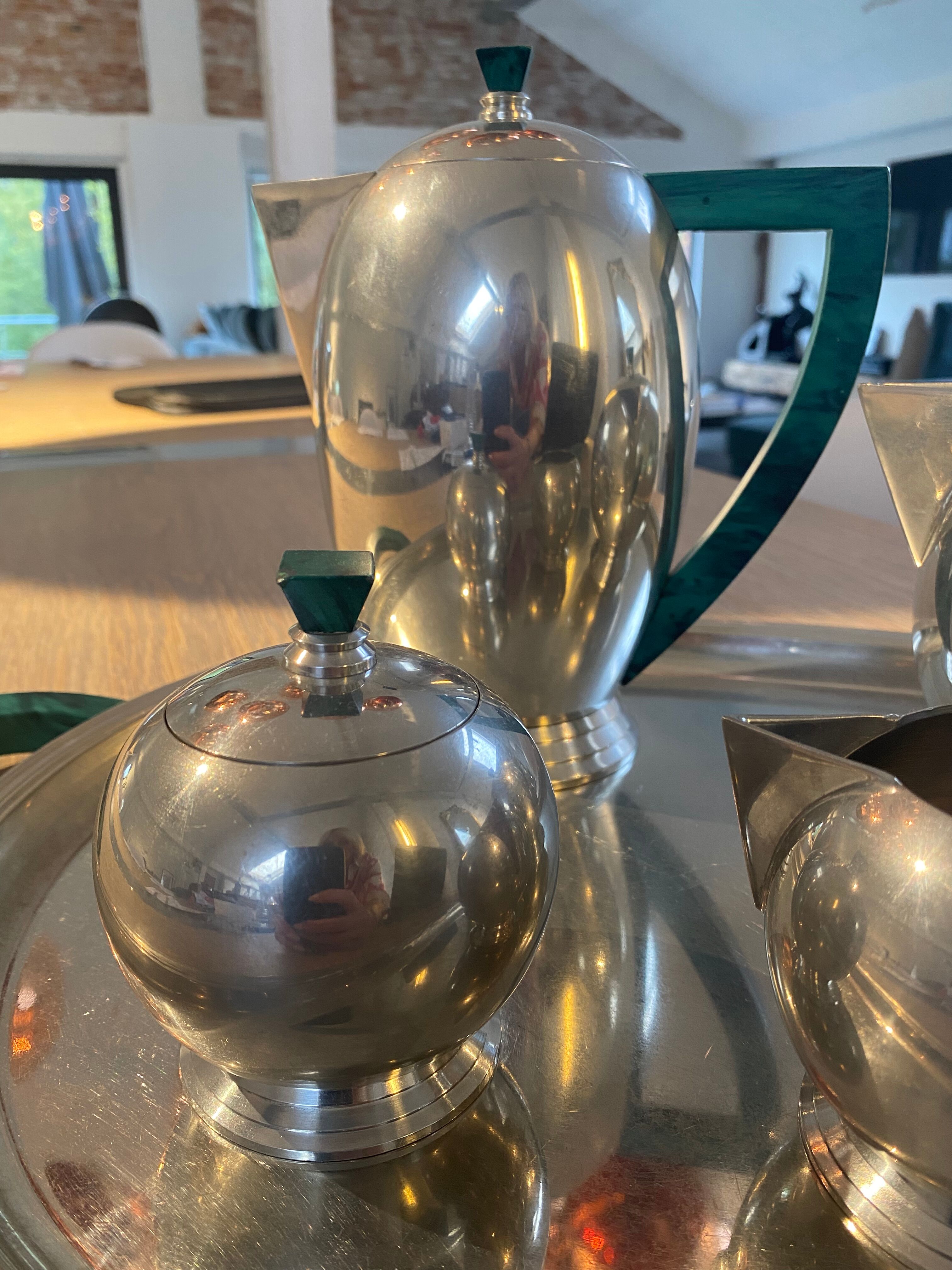 Tea service and coffee art deco handmade, solid tin and malachite