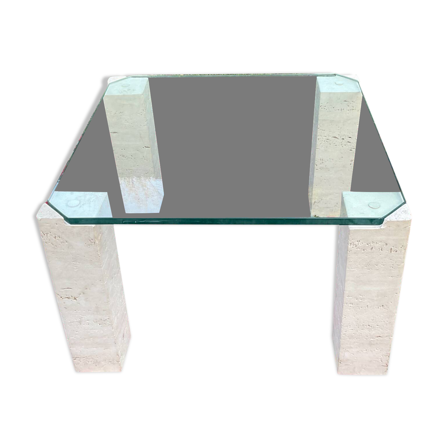 Table basse vintage en travertin et verre
