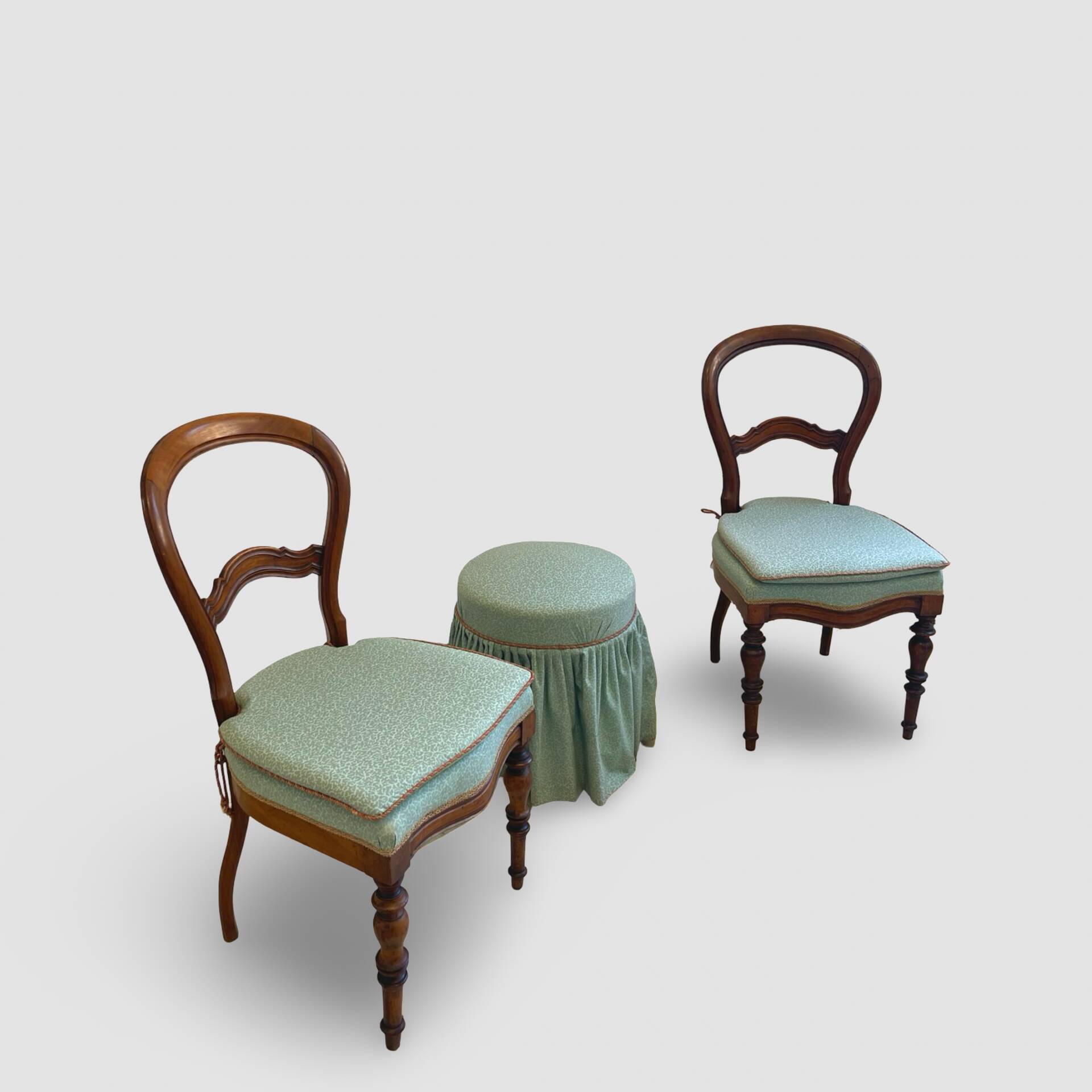 Antique Victorian era ballon back chairs and stool