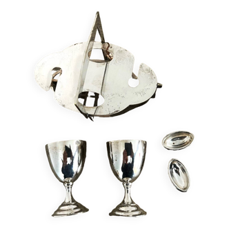 Set of 2 egg cups + 2 salt shakers, silver-plated metal, hallmark
