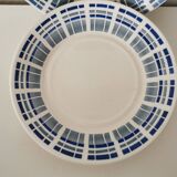 set of 4 dessert plates, blue and gray geometric pattern