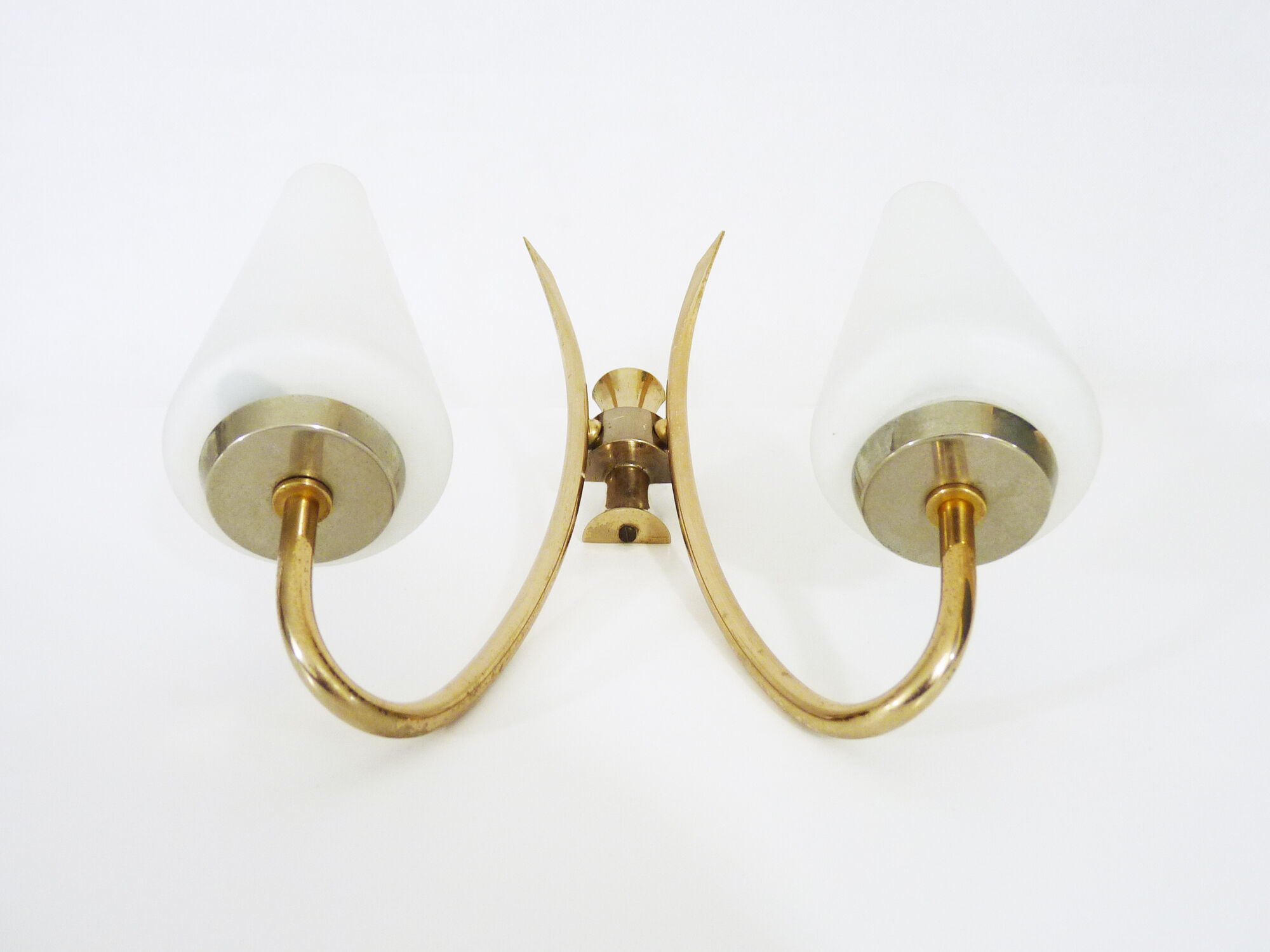 Pair of brass wall sconces and double tube in white opaline 1960