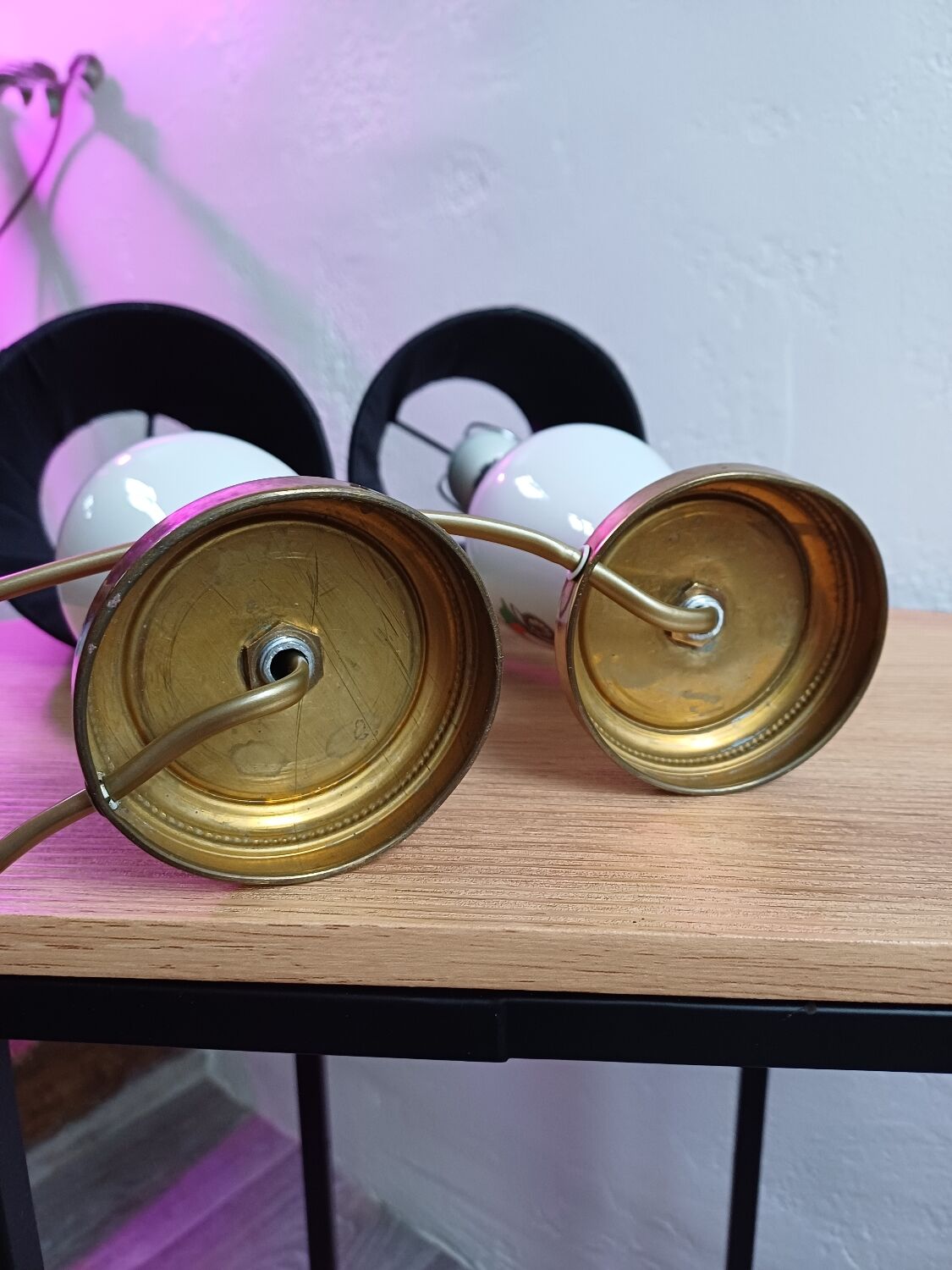 Pair of mid-century porcelain brass bedside lamps, 50s/60s