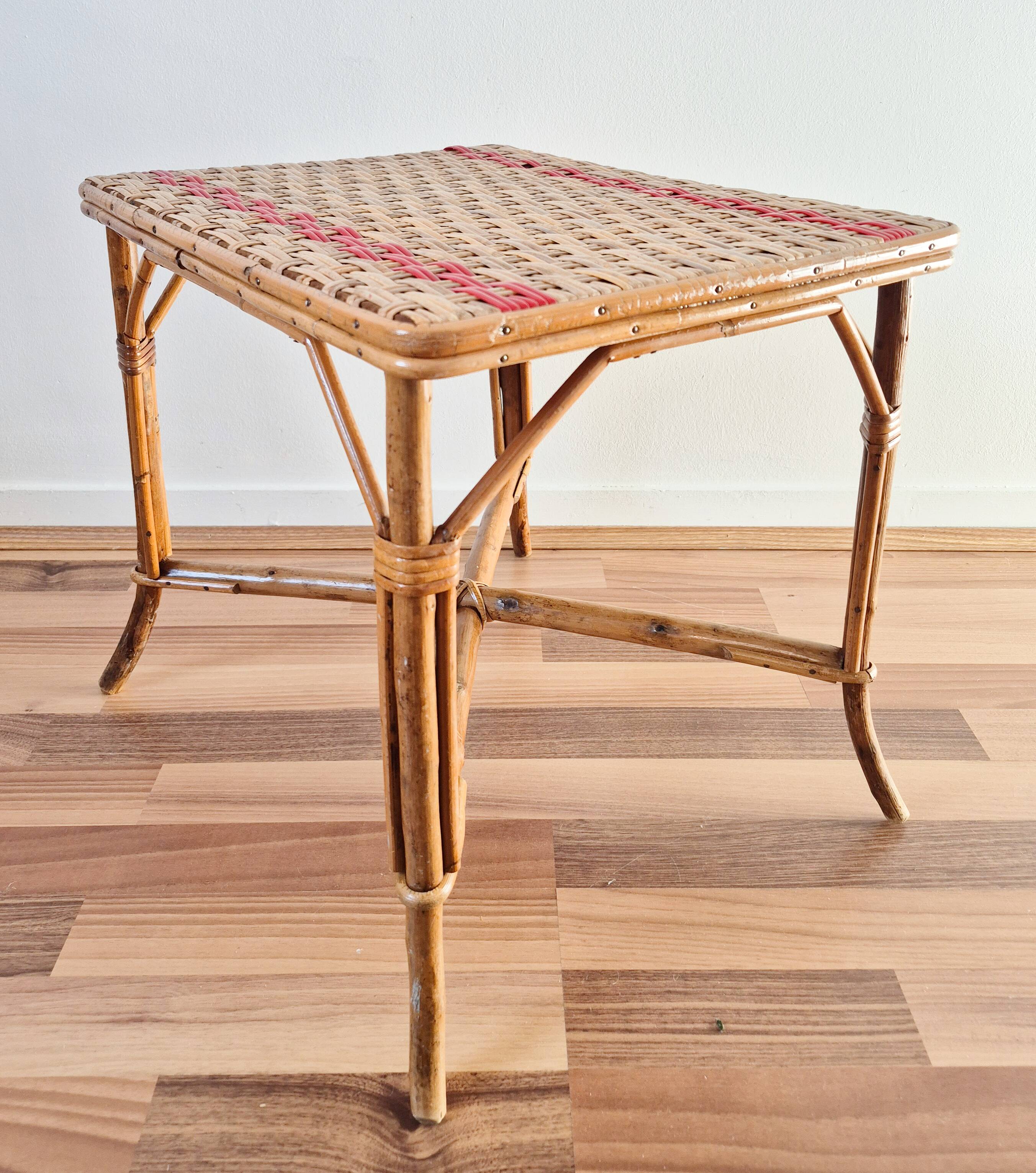 Rectangular rattan table for children, French vintage, side table.