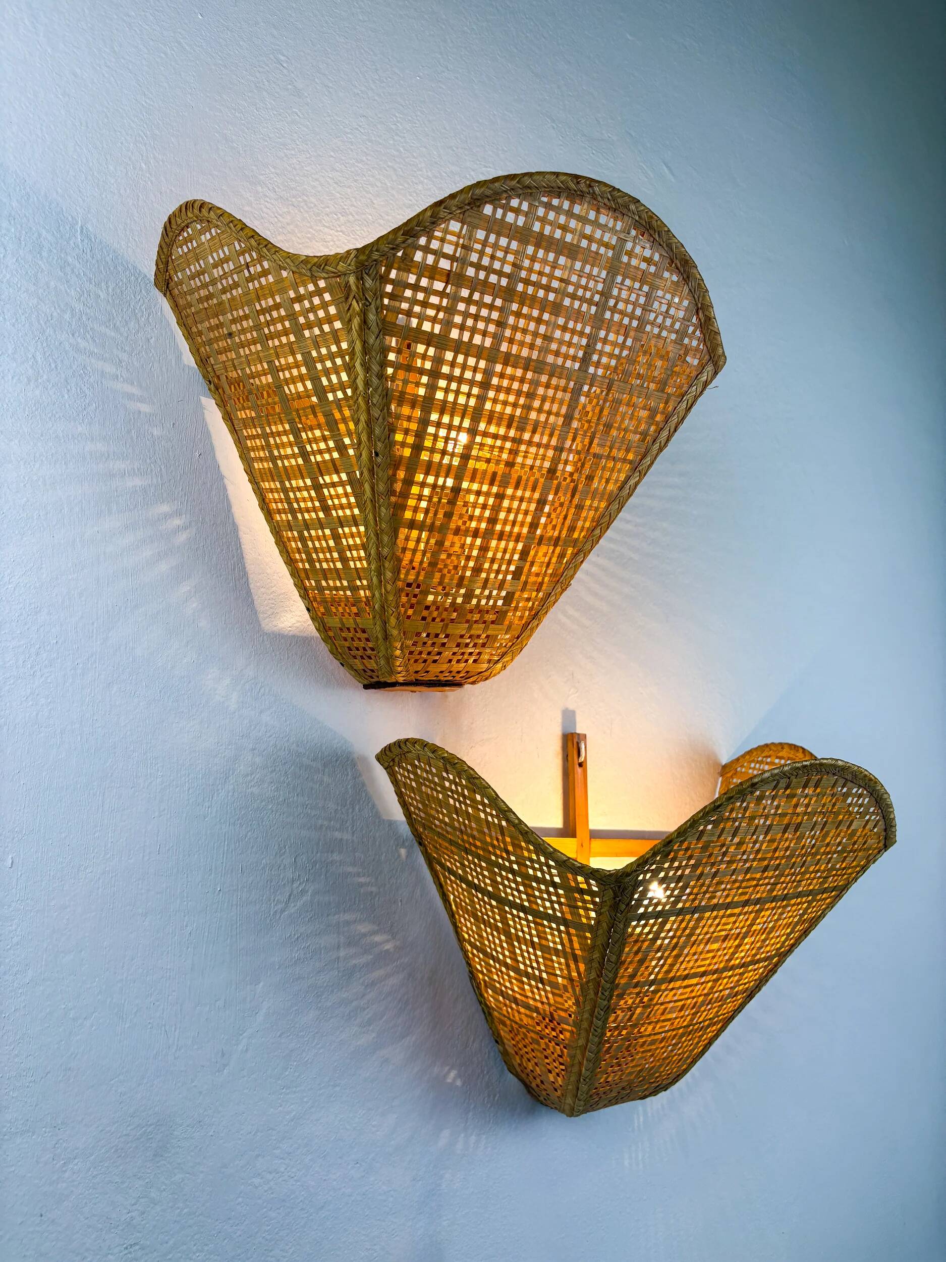 Pair of scalloped rattan wall sconces, sourced in Spain, 1980s