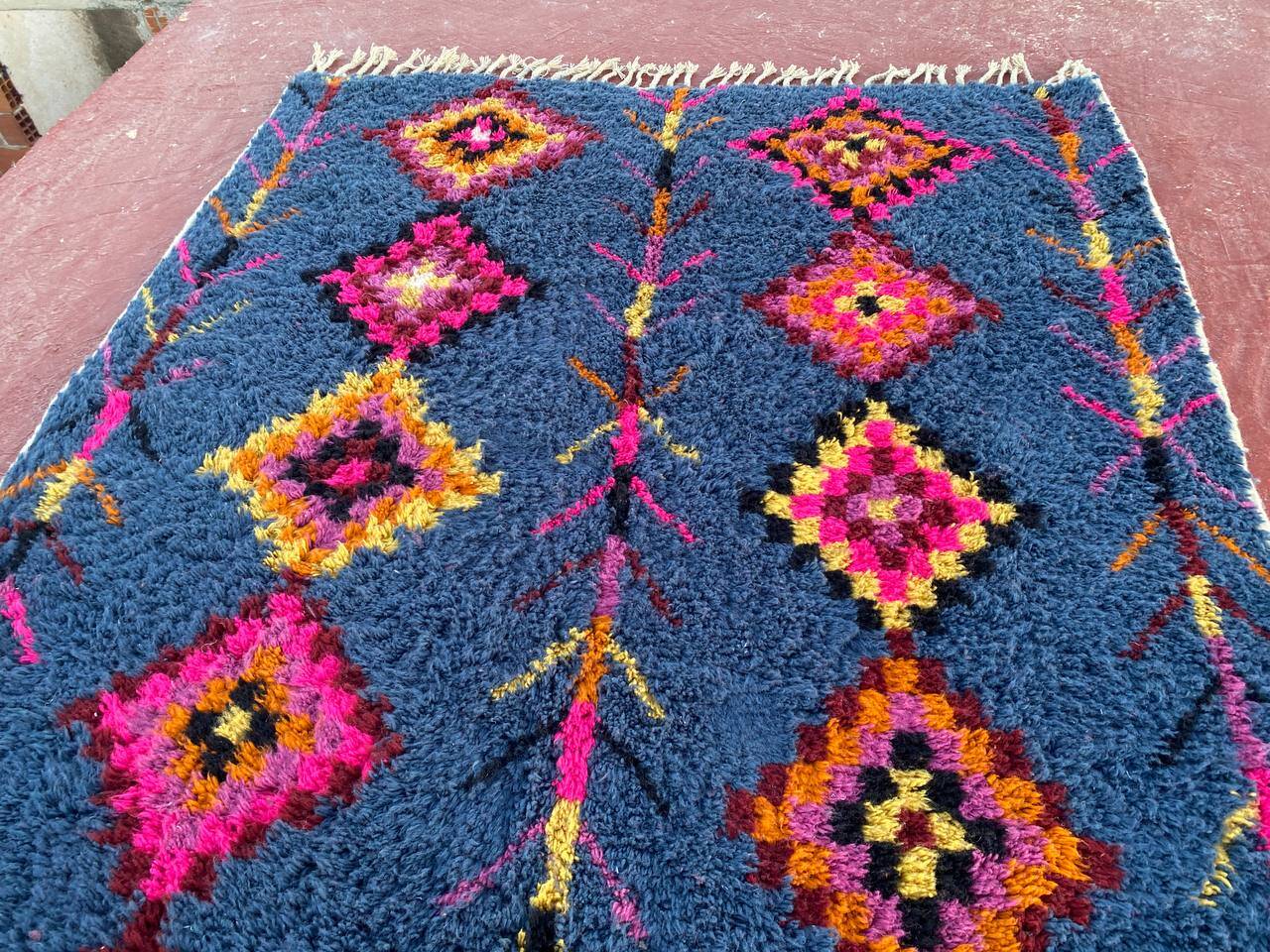 Berber rug 3x2M Thick wool deep blue & multicoloured Berber patterns