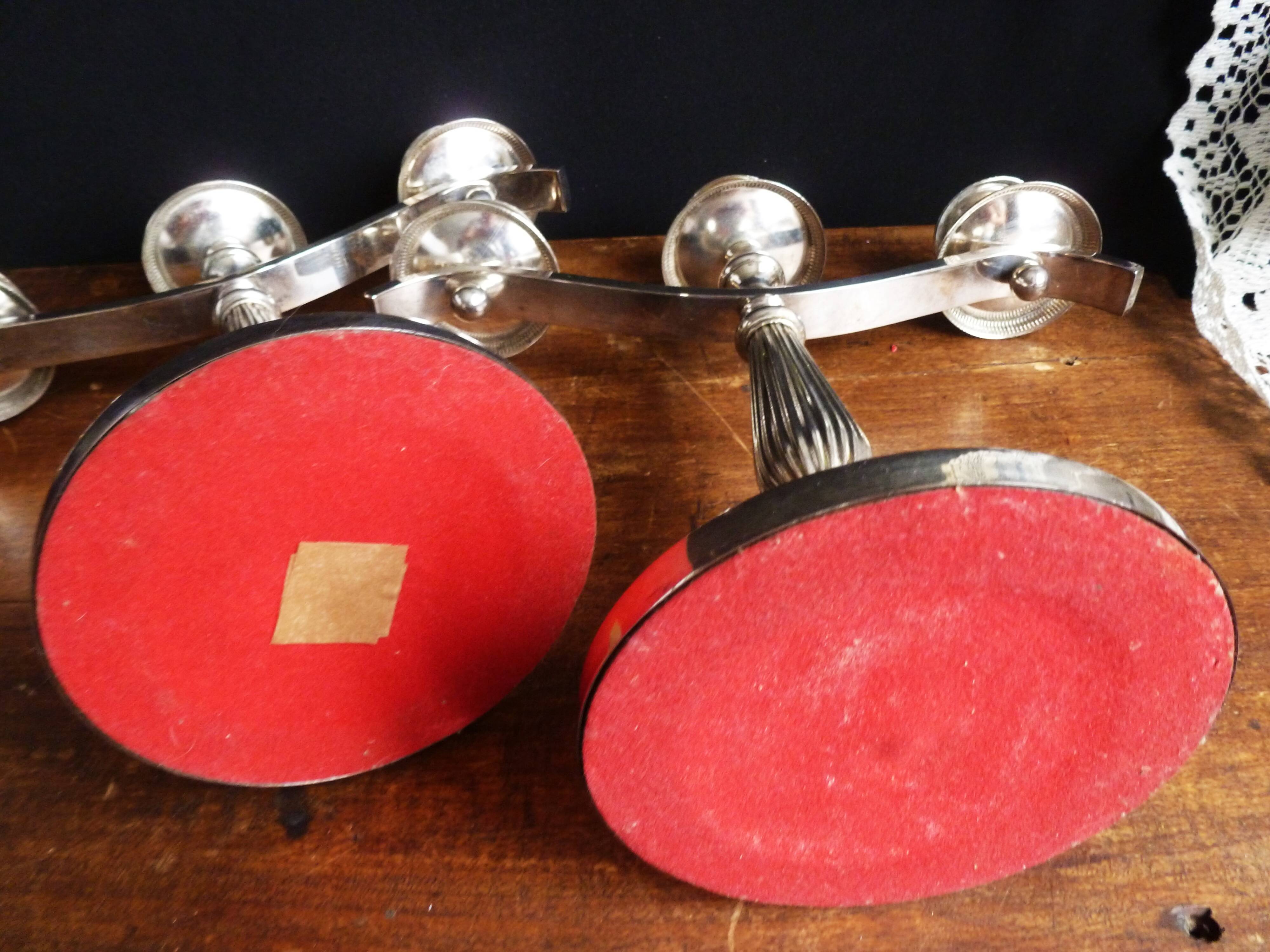 Pair of silver metal candlesticks / 3-branch silver metal candelabras.