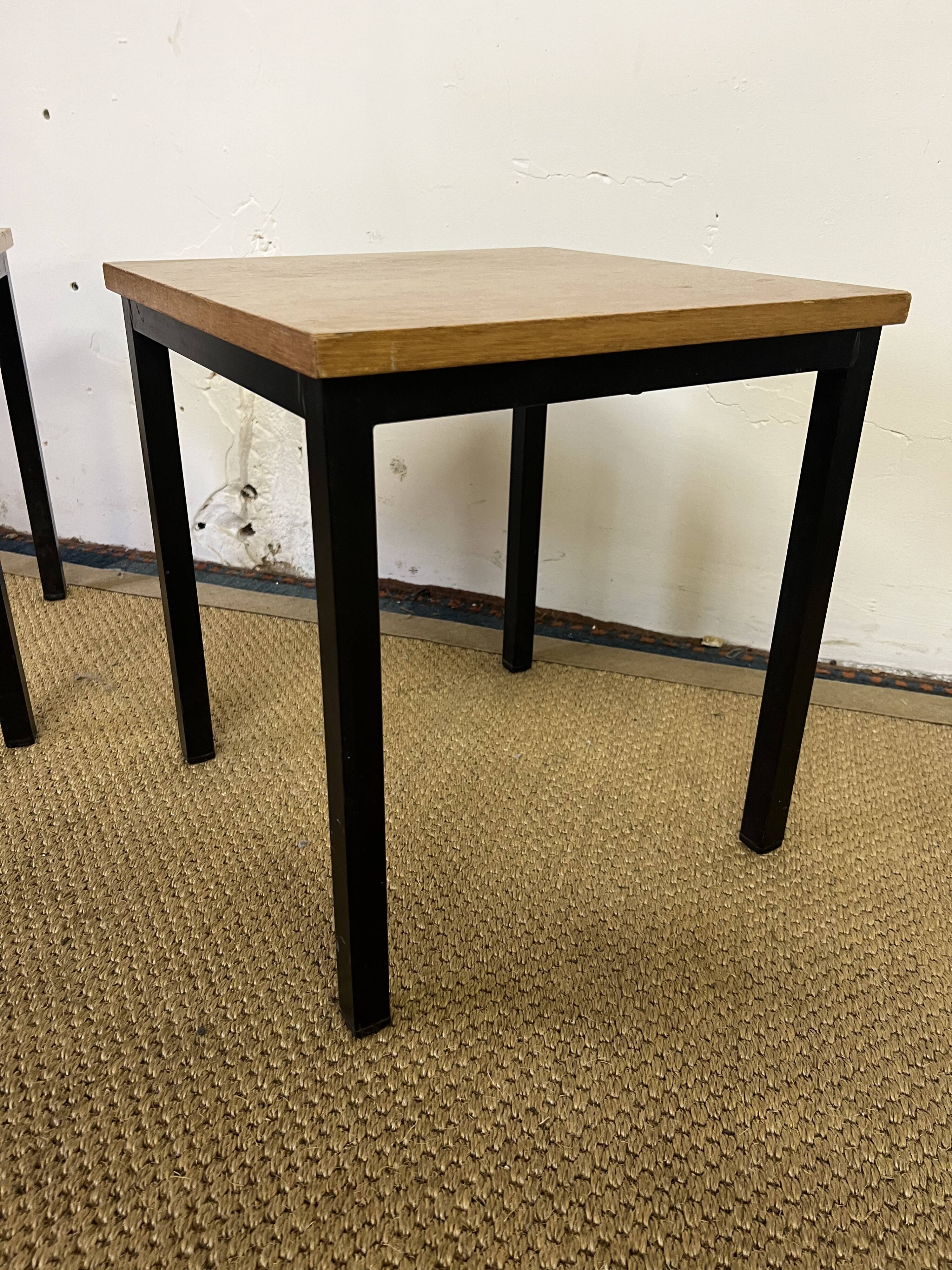 Pair of wooden and vintage metal bedside tables