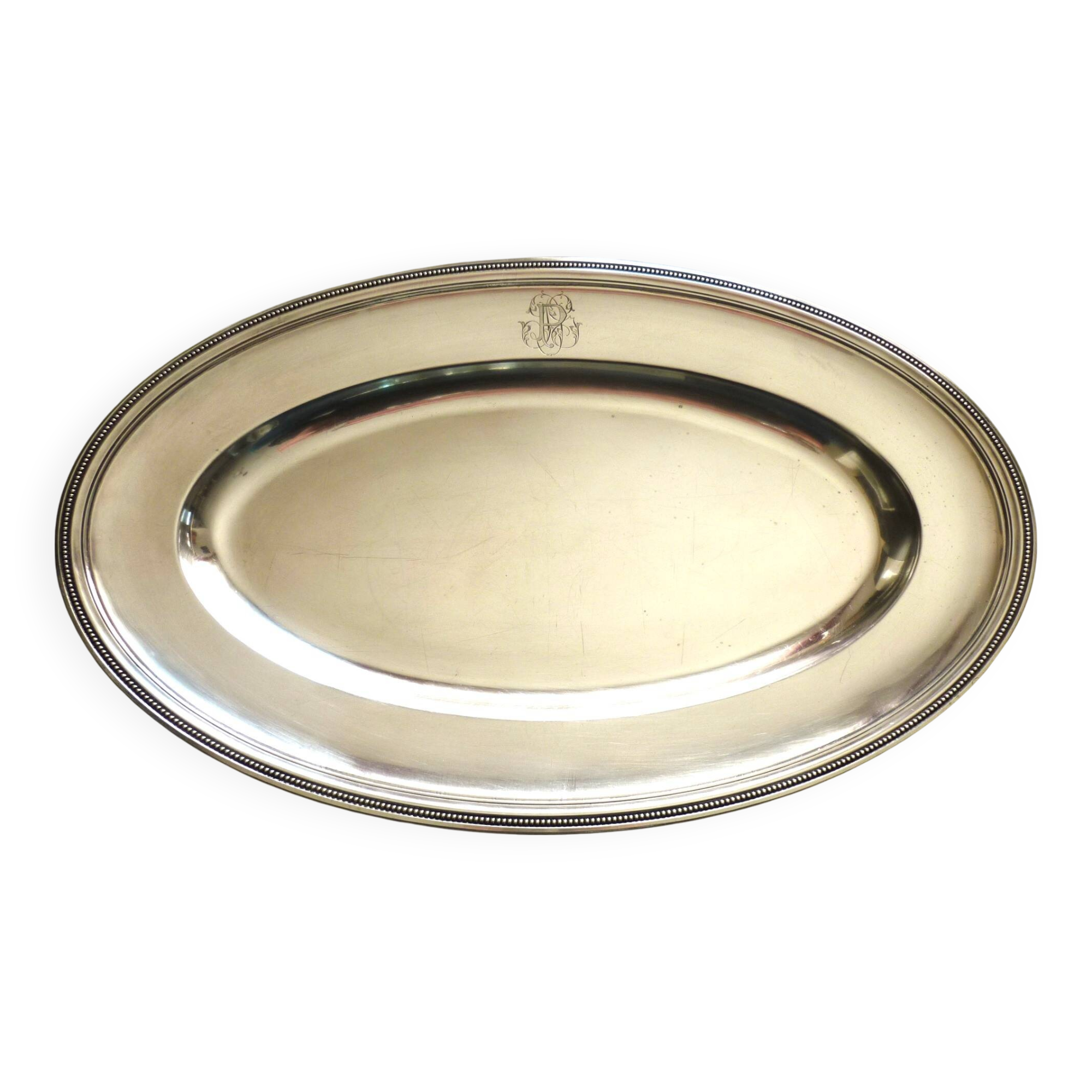 Oval dish, silver-plated metal, Christofle goldsmith, pearl frieze model, 49cm