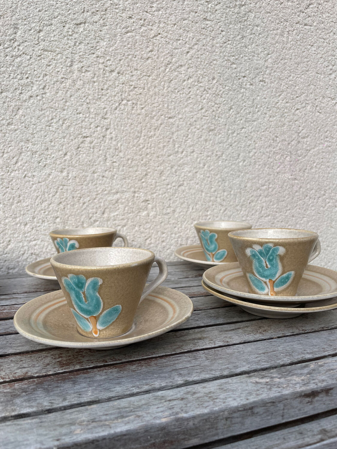 Stoneware coffee service from Pornic with turquoise flower print, 1970s-80s