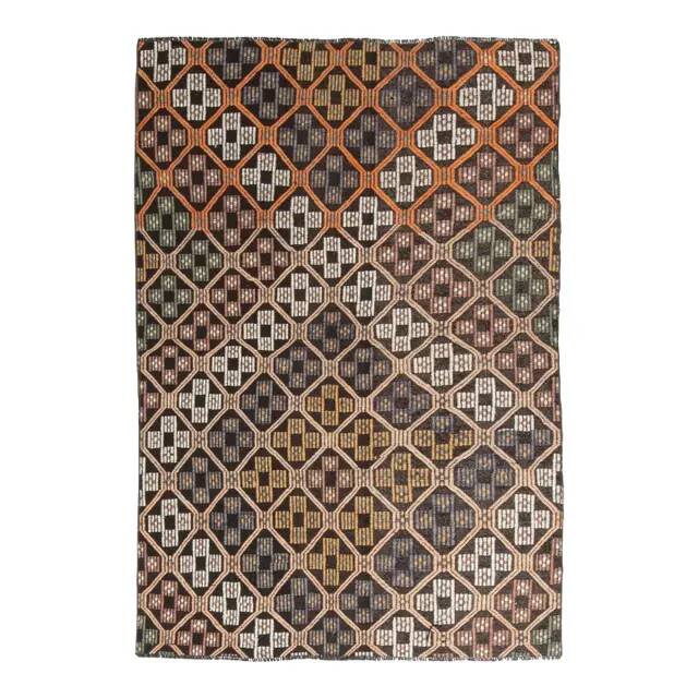 Brown Orange Handmade Vintage Turkish Kilim Area Rug  112x159