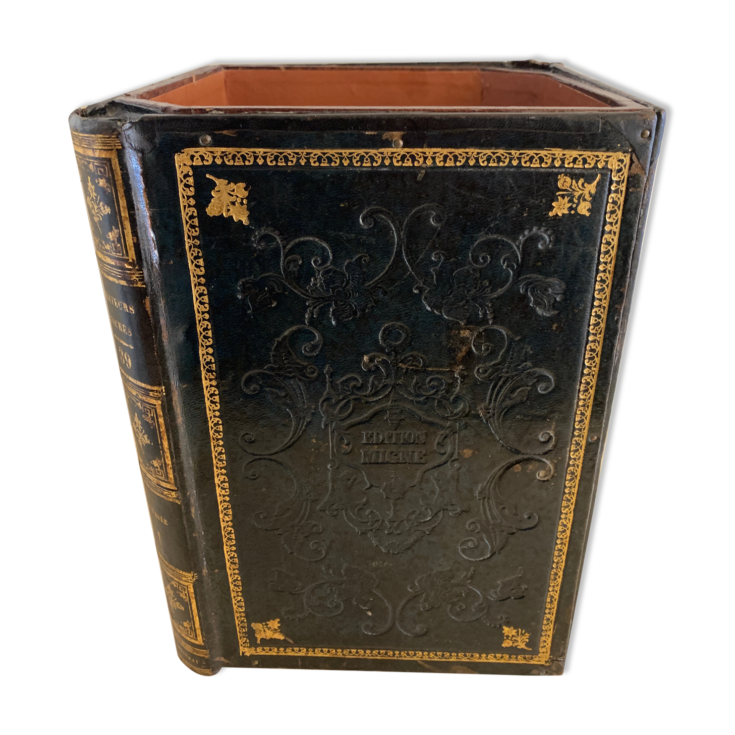 Leather paper basket, imitation bindings old books